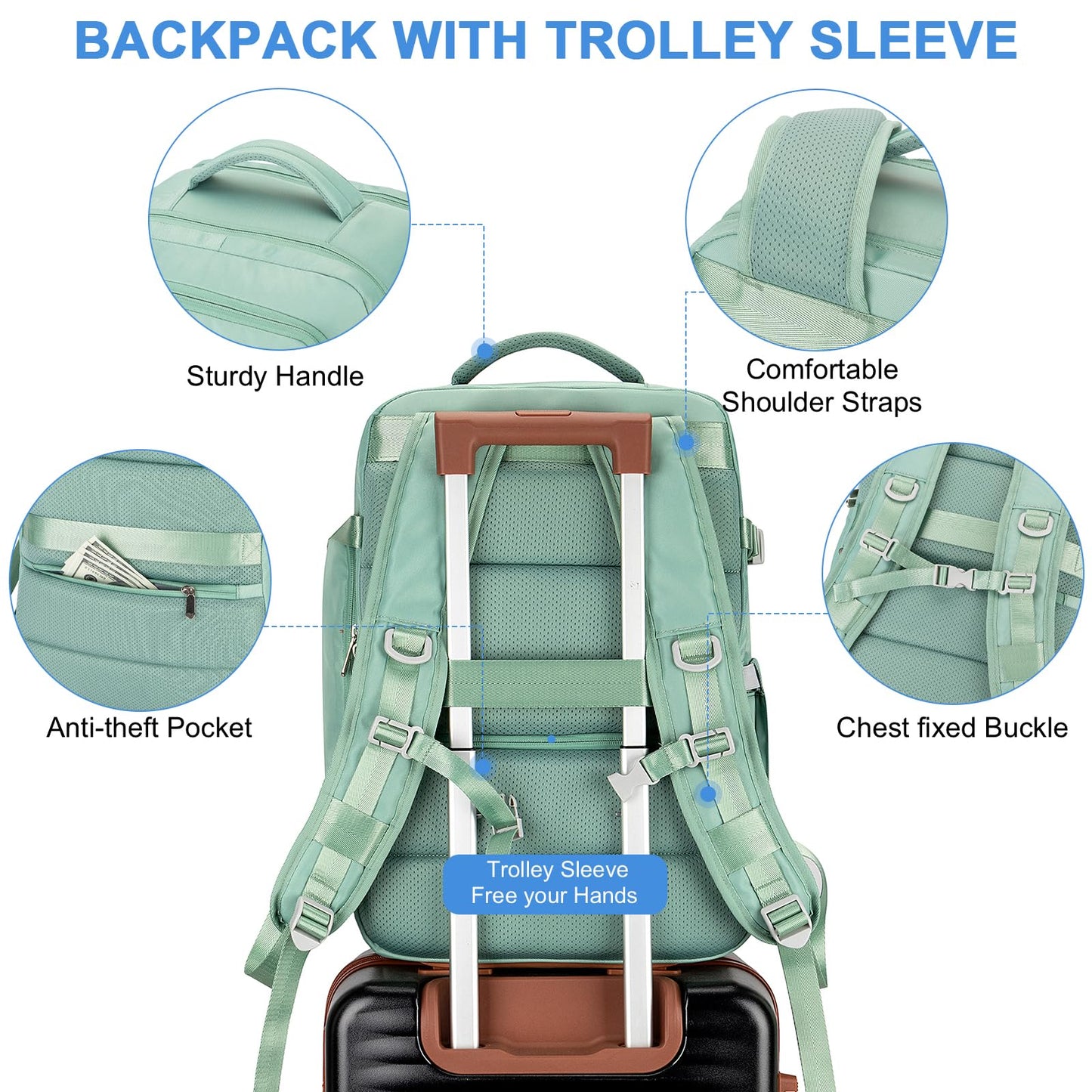 Travel Backpack For Women, Flight Approved Carry-On Backpack, Waterproof Outdoor Gym Casual Daypack, With Large Duffel