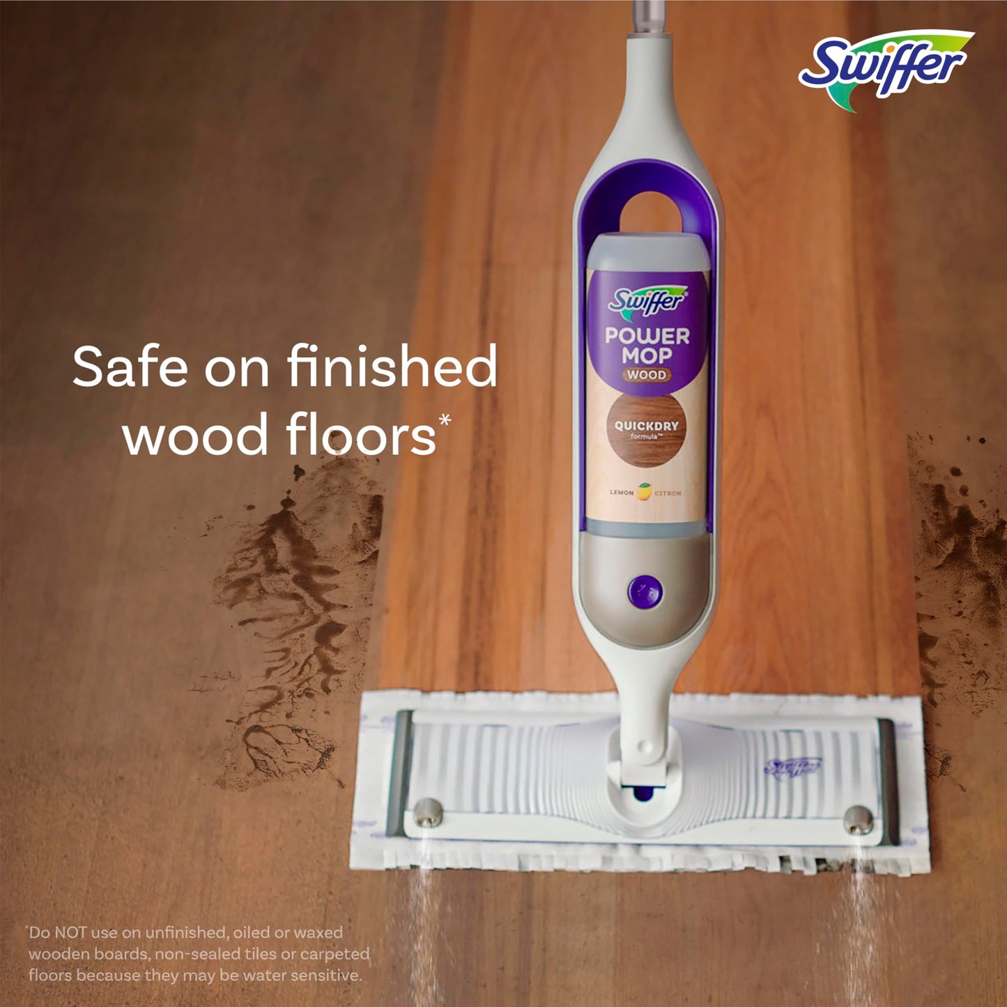 Swiffer Power Mop Wood, Hardwood Floor Cleaner for Mopping Home, All Purpose Multi-Surface Cleaning Set Includes PowerMop Wood, 2 Pads, 1 Quickdry Lemon Solution, & 2 Batteries, 5 Count