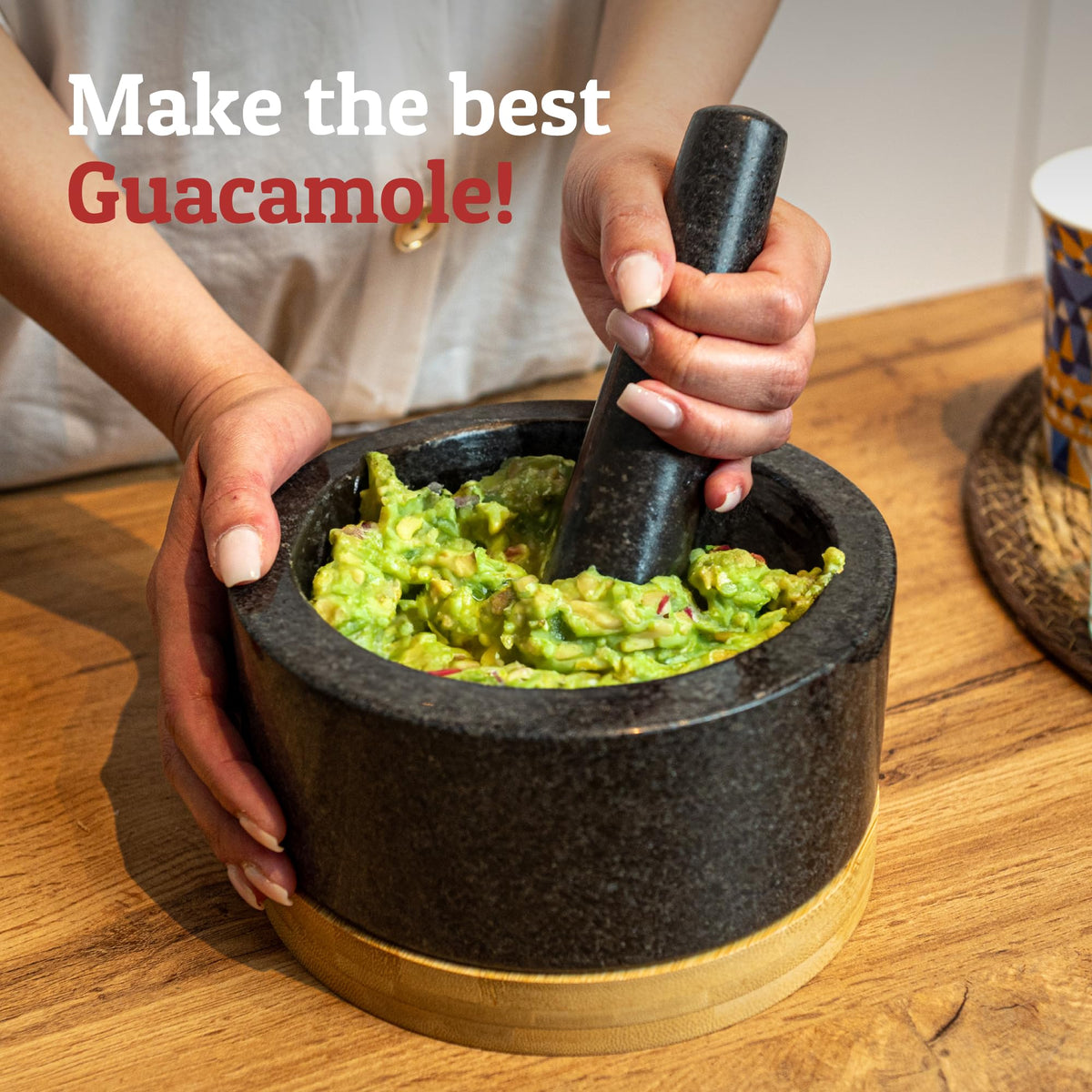 Heavy Duty Mortar and Pestle Set with Bamboo Base, Large 4 Cups, 100% Natural Granite Mortar and Pestle Large Stone Grinder Bowl, Molcajete Bowl, Masher Guacamole Bowls, Polished Black