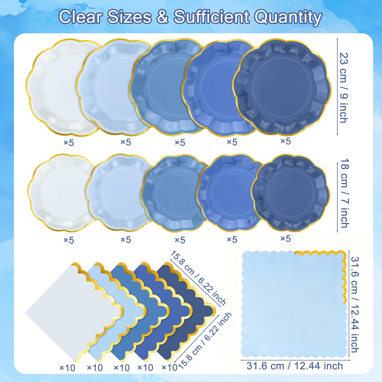 Kochorie 100 Pcs Dusty Blue Paper Plates and Napkins Gold Foil Scalloped Paper Plates & Napkins Disposable Tableware Set for Birthday Wedding Baby Shower Party Decorations