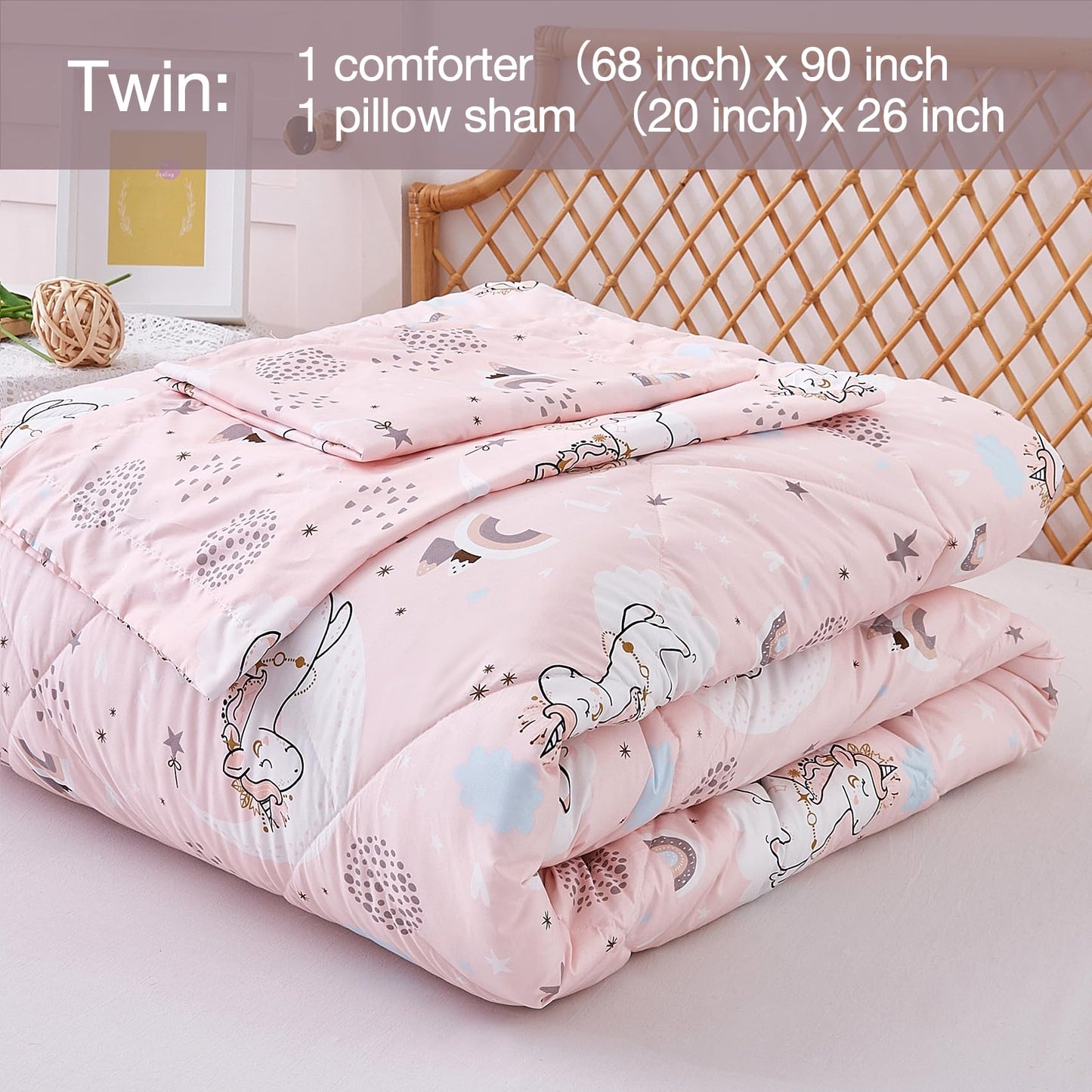 JSD Pink Unicorn Kids Comforter Set for Girls, 2 Pieces Twin Microfiber Comforter with Pillow Sham, Soft Comfortable Machine Washable