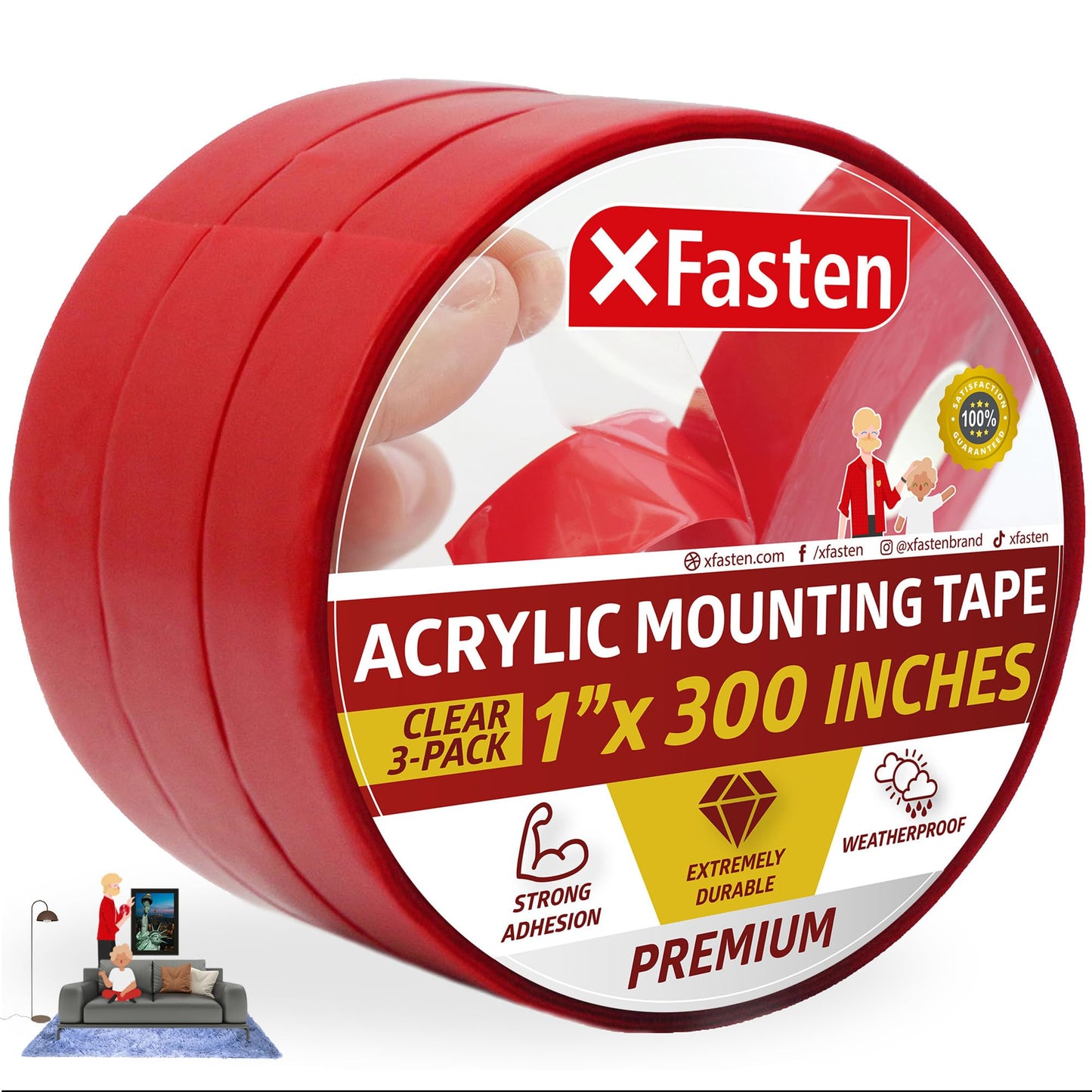 XFasten Extreme Double-Sided Acrylic Mounting Tape Removable, 1-Inch x 300-Inch, Pack of 3, Weatherproof, Super Strong Double-Sided Adhesive and Tough Bonding Strength