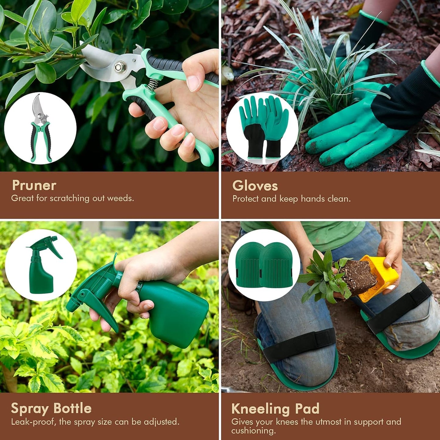 YAUNGEL Garden Tools Set, 10 Piece Heavy Duty Stainless Steel Gardening Tools with Non-Slip Wood Handle, Tote Bag, Gloves, Trowel, Kneel, Weeder Tools - Garden Gifts Packing for Women Men