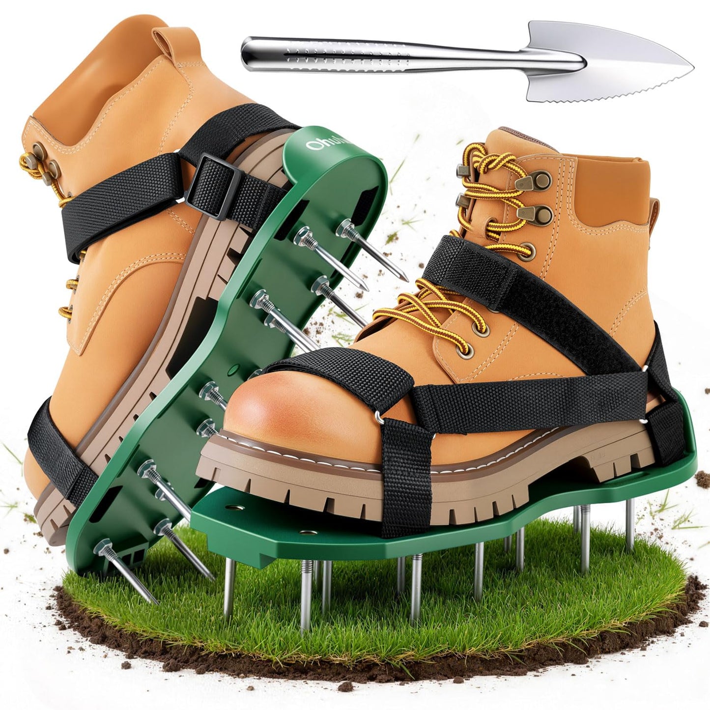 Lawn Aerator Shoes, Ohuhu Free-Installation Lawn Aerator Shoes for Grass Heavy Duty Grass Aeration Sandals with Stainless Steel Spikes and Shovel Adjustable Hook & Loop Straps for Lawn Patio Garden