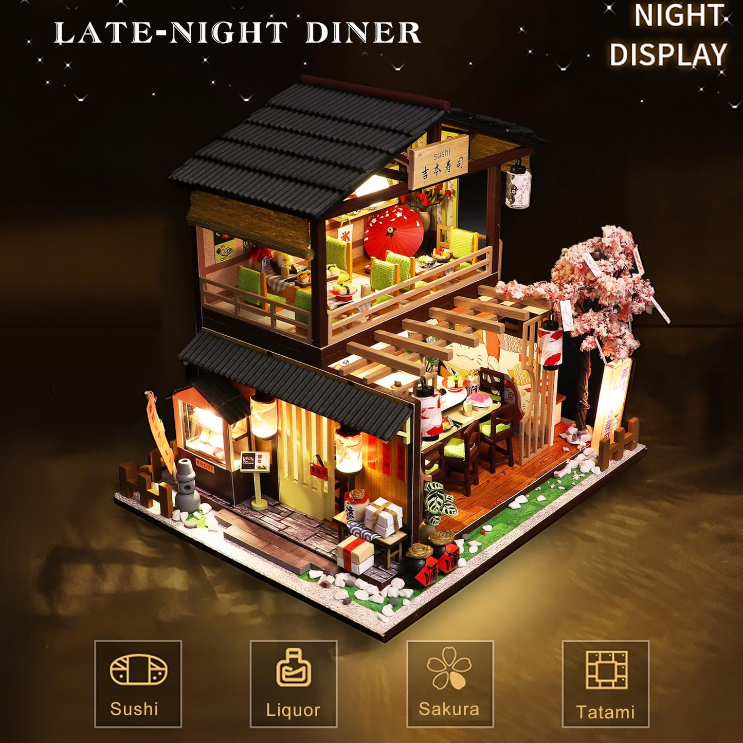 Spilay DIY Dollhouse Miniature with Wooden Furniture,Handmade Japanese Style Home Craft Model Mini Kit with1:24 Scale Creative Doll House Toys for Adult Teenager Gift (Gibbon Sushi)