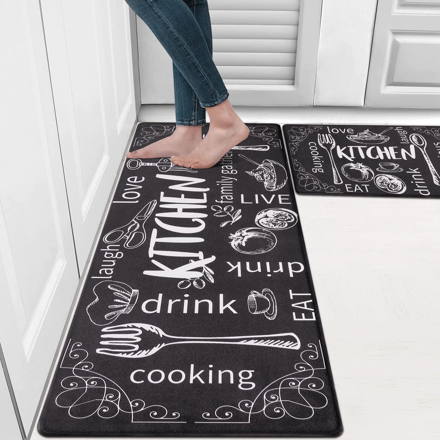 HEBE Anti Fatigue Kitchen Mat Set of 2 Non Slip Thick Cushioned Kitchen Rug Sets with Runner 17 inches x48 inches +17 inches x28 inches Heavy Duty Comfort Standing Mats Waterproof Kitchen Carpet