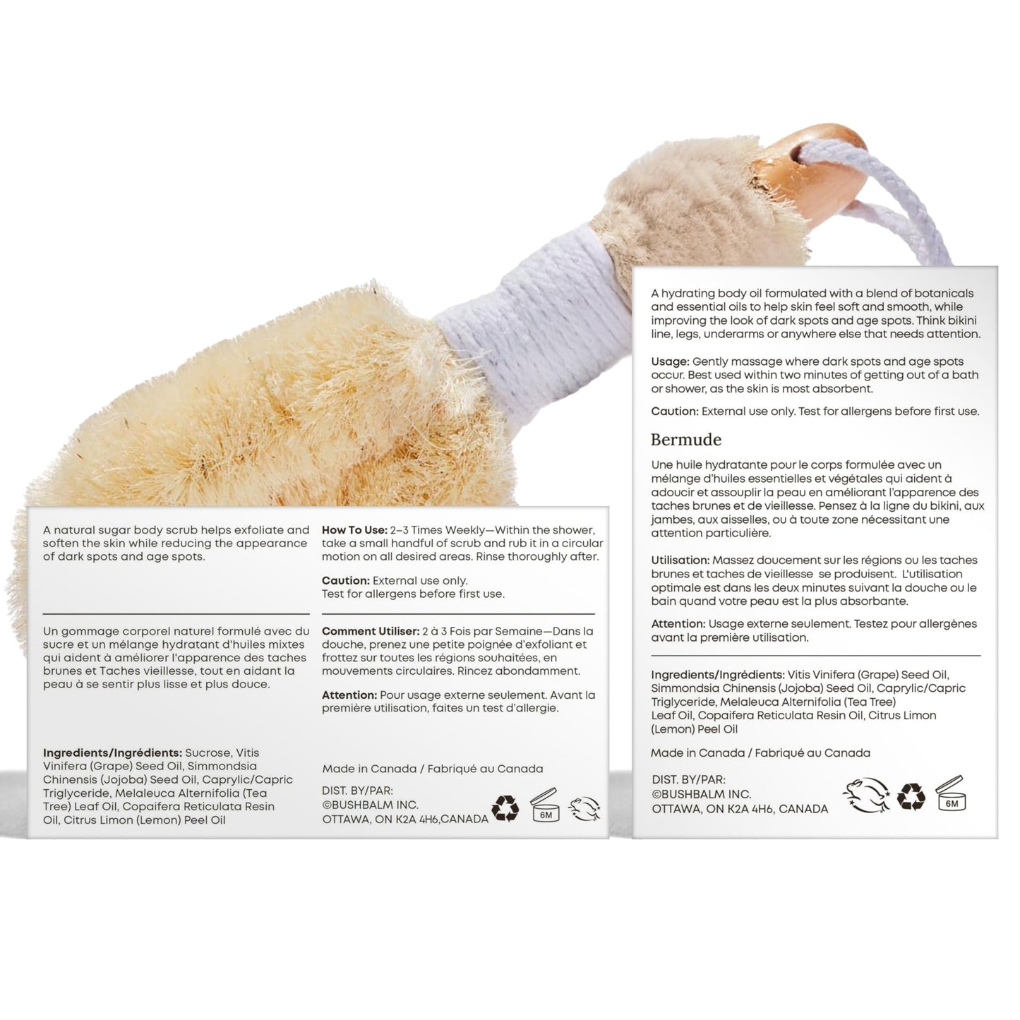 Bushbalm Dark Spots and Ingrown Hair 3 Step Routine - Rejuvenate and Nourish - Bermuda Oil Dark Spot Oil (30 ml), Bermuda Dark Spot Exfoliating Scrub (236 ml) and Nordic Dry Brush