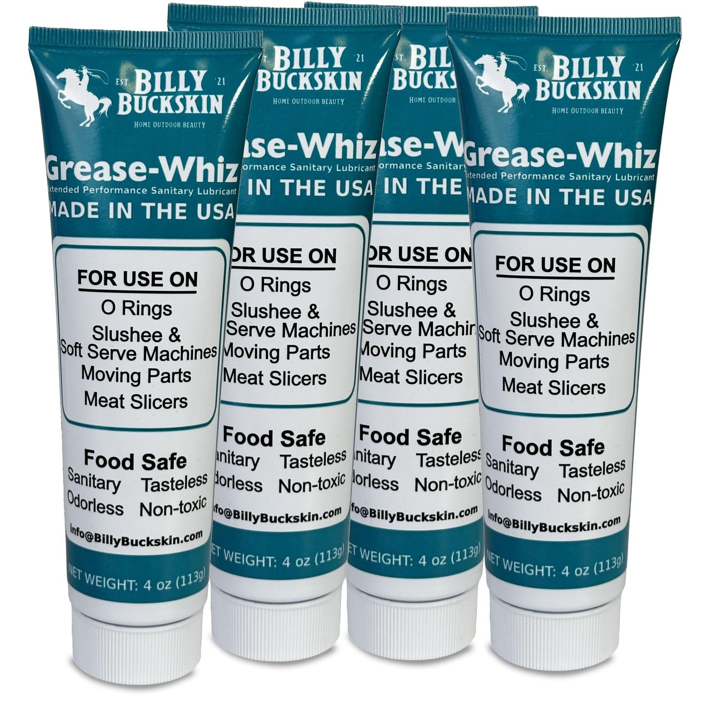 4 x 4 Oz. Tube Grease Whiz Plus by Billy Buckskin Co., Commercial Food Grade Grease for Food Service Equipments, O-Rings for Ice Cream Machine & Slushee Machines, Mixers, Beer Kegs, Sliding Glass Door