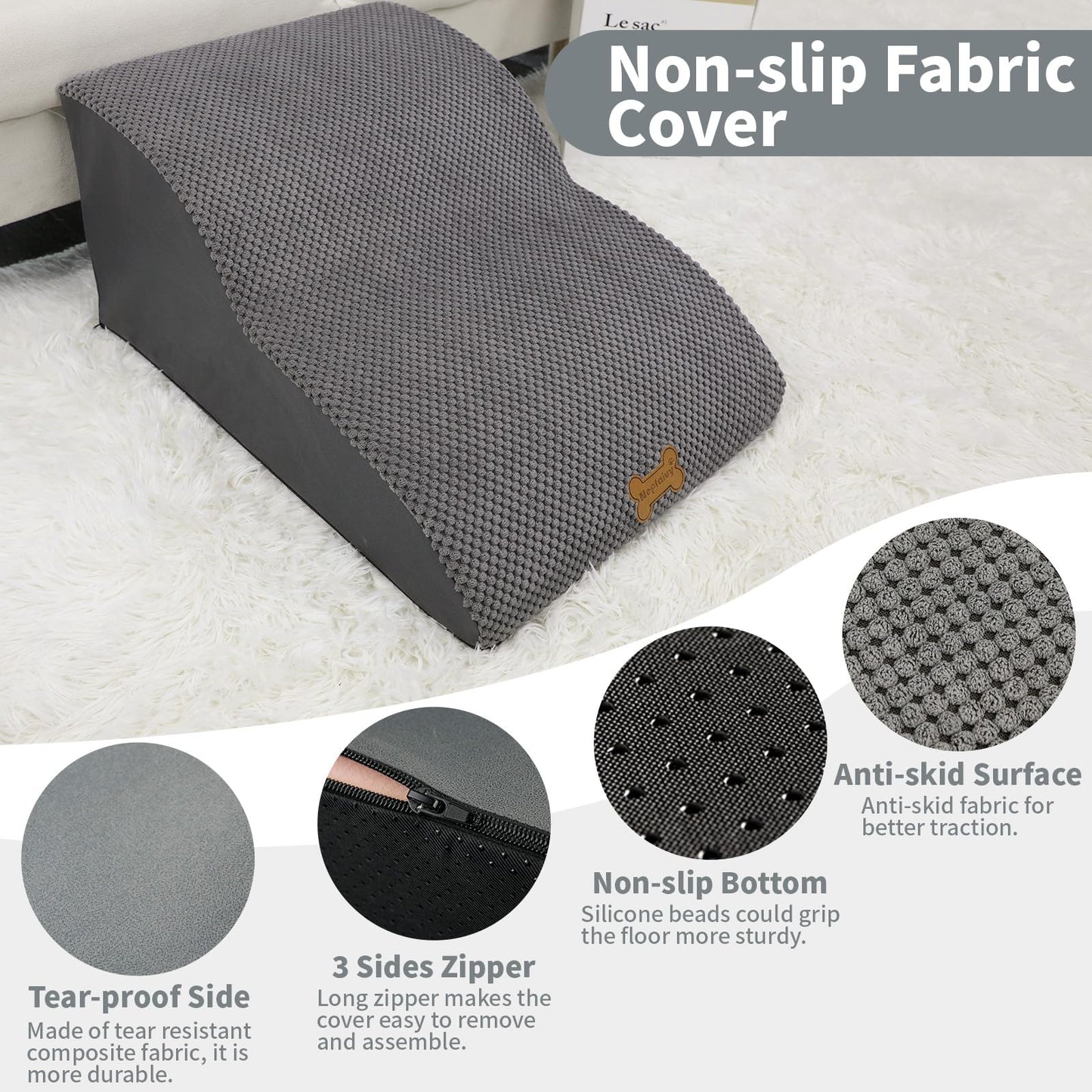 Nepfaivy Dog Stairs for Small Dogs - Pet Steps for Bed and Couch, Anti-Skid Dog Ramp with Removable Cover for Short-Legged Dogs, Arthritic Dogs or Senior Dogs, Grey, 2 Steps