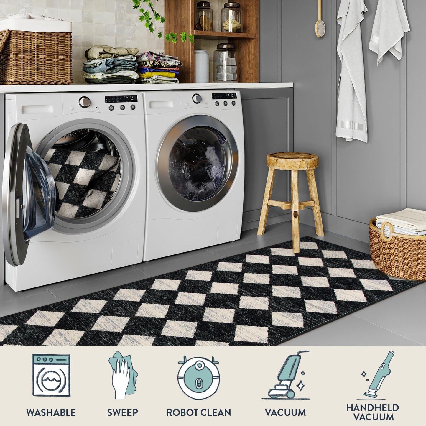 Lahome Checkered 2x8 Black Hallway Kitchen Bathroom Runner Rug with Rubber Backing, Washable Non Skid Moroccan Trellis Entry Carpet Runner Indoor Mat for Camper Entryway Bedroom Hardwood Floor