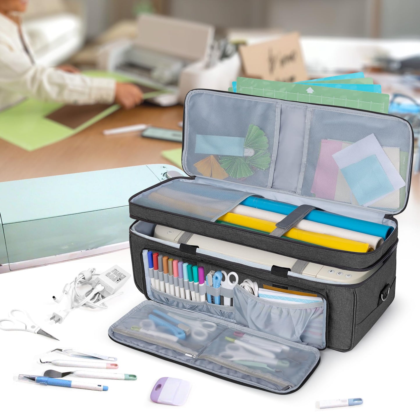 Luxja Double-Layer Carrying Case with Cutting Mat Pocket Compatible with Cricut Maker 4, Maker 3, Explore 4, Explore 3, Explore Air 2, Multiple Storage Bag for Cricut Accessories and Supplies, Black