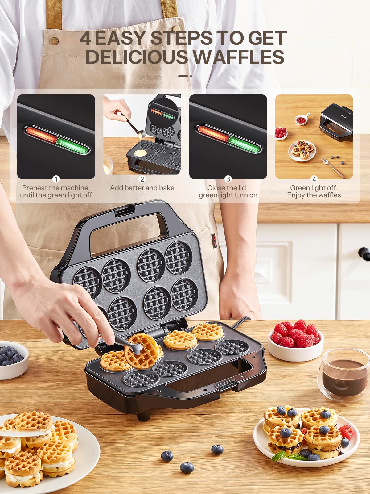 Waffle Maker, Reemix Multi Mini Waffle Iron Bake 8 x 1.8 Inch Small Waffles, Nonstick Waffle Iron with Quick Heat-Up, Simple & Easy Tiny Chaffle Baker for Home & Restaurants, Small Bites for Kids