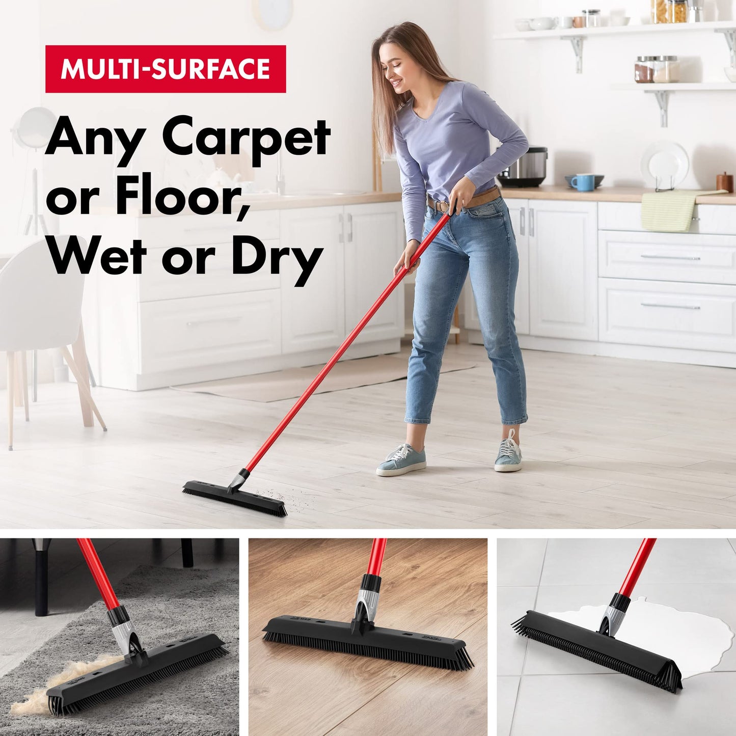 Tyroler 2-in-1 Silicone Broom & Floor Squeegee | Anti-Rust 4-Piece Handle | Perfect Pet Hair Removal for Patio, Floors, Rugs, Carpet Rake, Decks, Indoor/Outdoor (Black - Rubber)