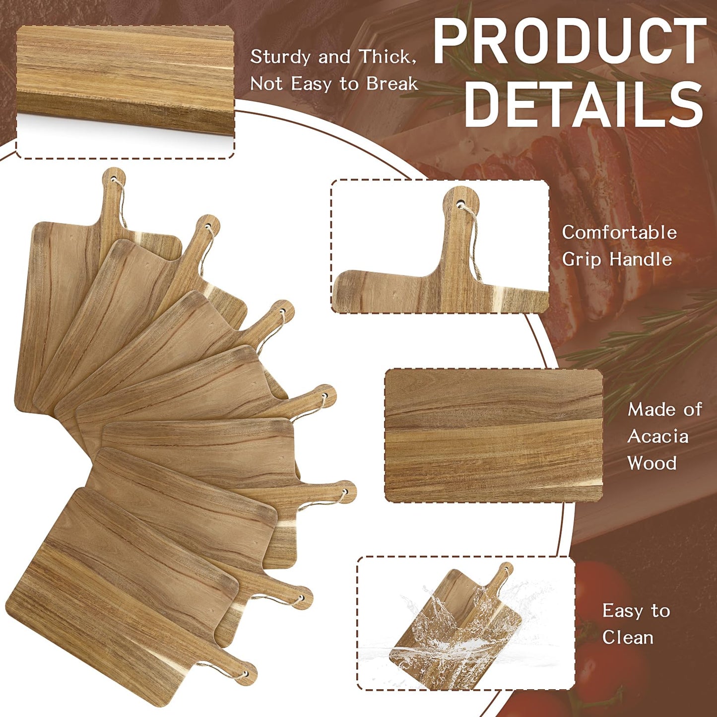 12 Pcs Acacia Wood Cutting Boards with Handle, Wooden Chopping Board Bulk, Meat Charcuterie Boards, Serving Board for Bread, Pizza, Cheese, Fruits, Vegetables (3 Sizes)