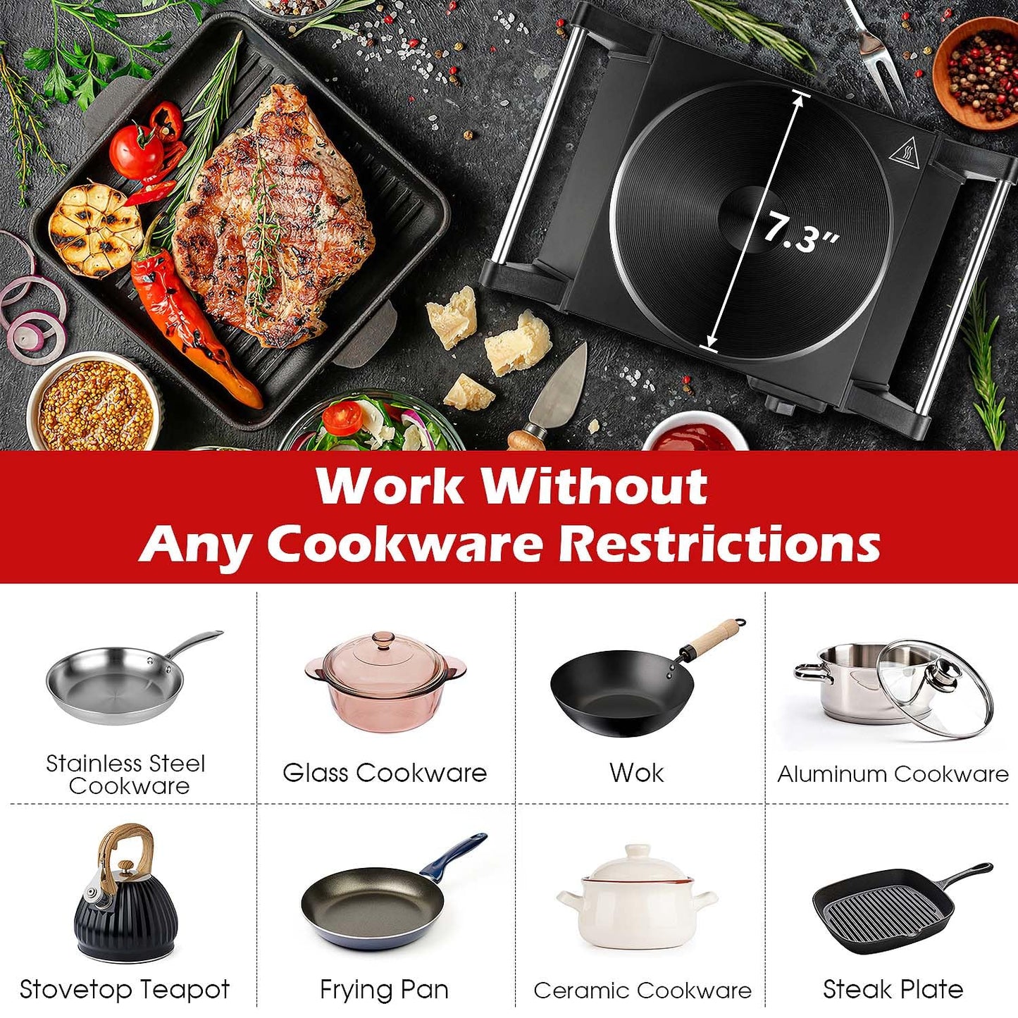 Techwood Hot Plate Electric Single Burner Portable Burner, 1500W with Adjustable Temperature, Stay Cool Handles, Non-Slip Rubber Feet, Black Stainless Steel Easy to Clean, Upgraded Version