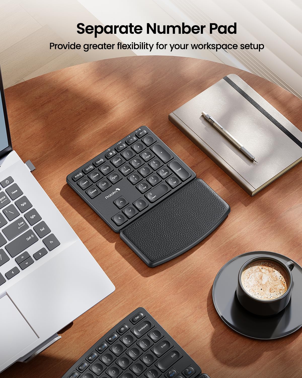 ProtoArc Wireless Ergonomic Keyboard, EK04 2.4GHz Wireless Ergo Keyboard with Separate Numeric Keypad, Split Design, Wrist Rest, Rechargeable, for Desktop, PC, Laptop