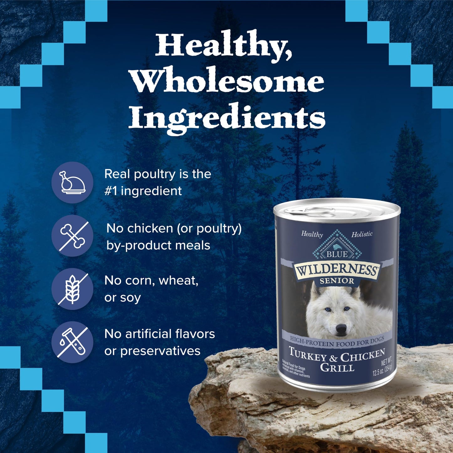 Blue Buffalo Wilderness High Protein Grain Free, Natural Senior Wet Dog Food, Turkey & Chicken Grill 354G Can (Pack Of 12)