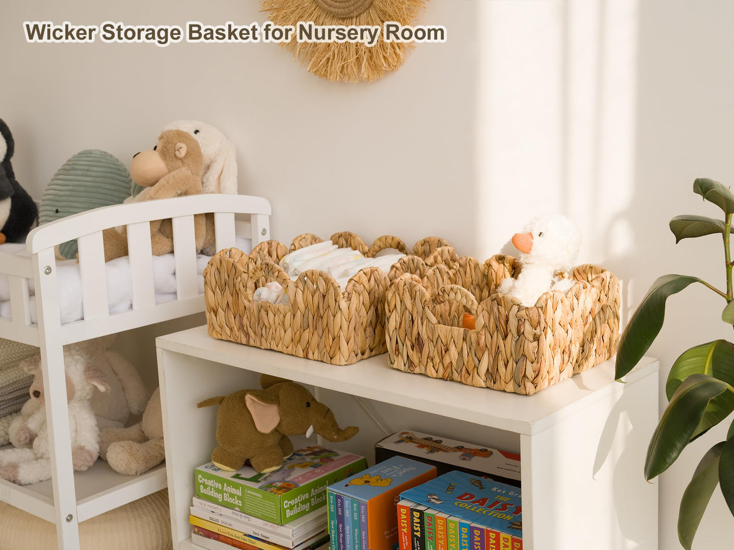 StorageWorks Scalloped Wicker Basket, Hand-woven Rattan Baskets with Built-in Handles, Water Hyacinth Basket for Organizing and Decor, 2 Pack