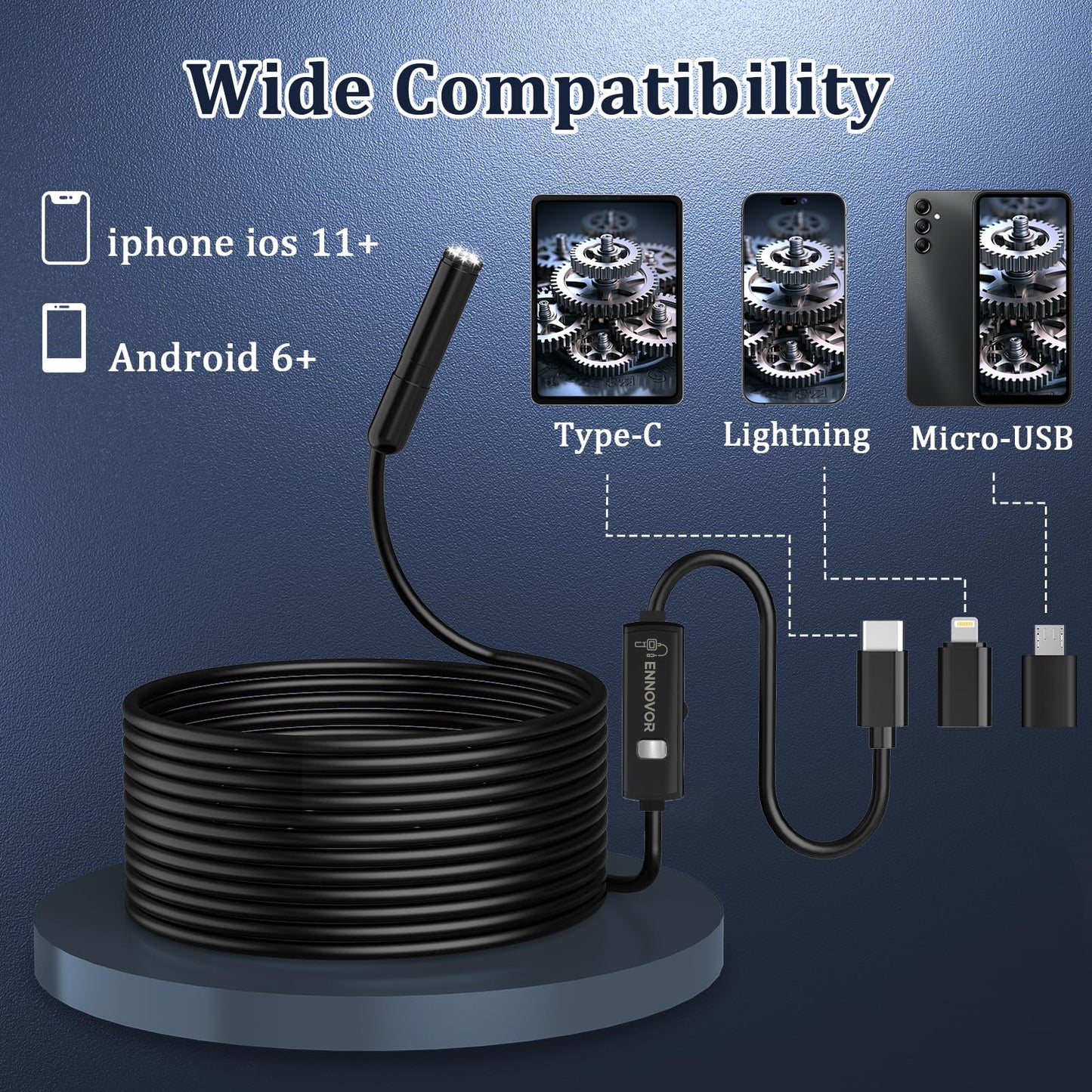 Endoscope Camera with Light, Ennovor 1920P HD Borescope with 8 Adjustable LED Lights, IP67 Waterproof Endoscope Inspection with Flexible Rigid Snake Camera, No WiFi Required for Android iOS