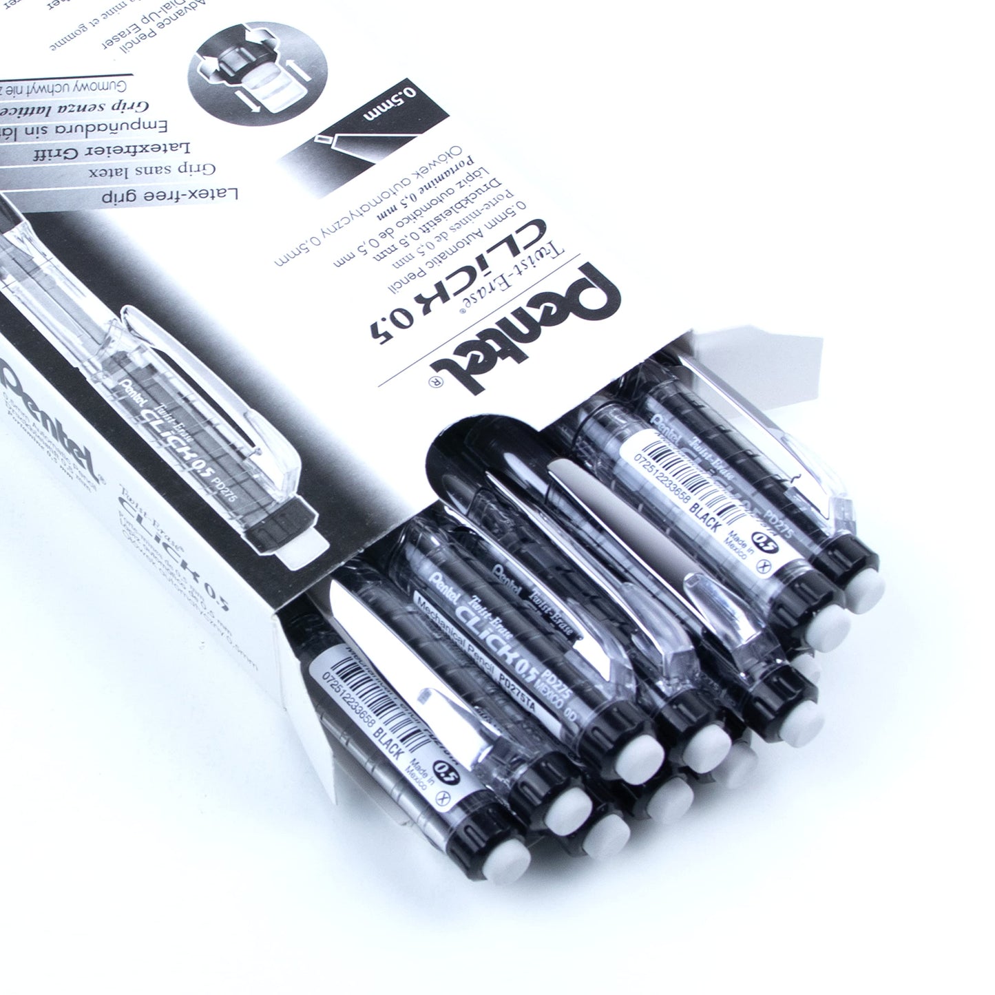 Pentel Twist-Erase Click Mechanical Pencil with Side Click Lead Advance, 0.5mm Fine Point, Large Retractable Eraser, Black Barrel, PD275TA, Box of 12