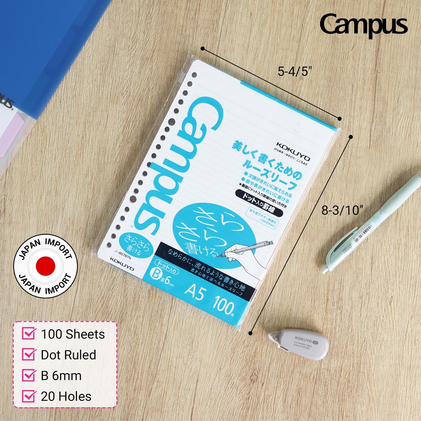 Kokuyo Campus Loose Leaf Paper - Sarasara - A5 - Dotted 6 mm Rule - 20 Holes - 300 Sheets