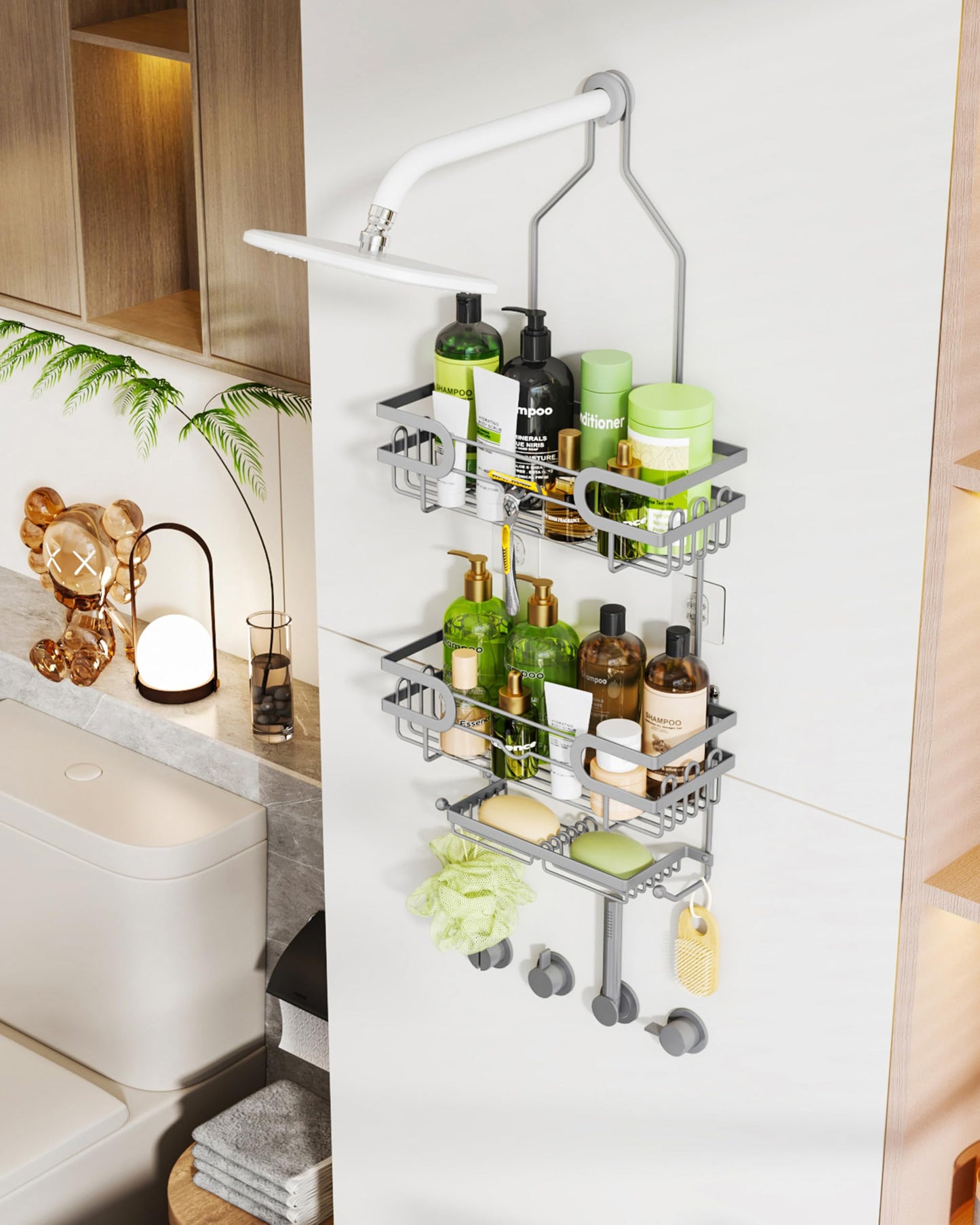 HapiRm Shower Caddy Hanging - 3 Tier Over Head Shower Caddy No Drilling, Bathroom Organizers with 2 Soap Holder & 12 Hooks, Bathroom Shelf Organizer for Shampoo, Soap, 12.6 x 4.7 x 28in