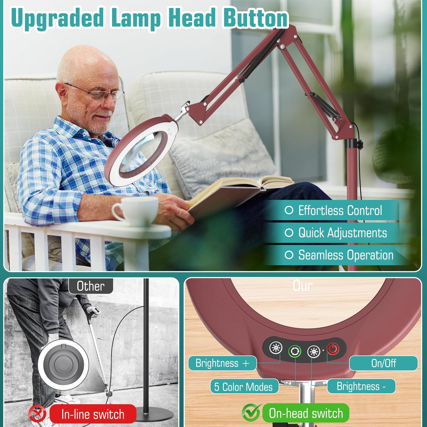 10X Magnifying Glass with Light and Stand, 3-in-1 Adjustable Swivel Arm LED Magnifying Floor Lamp, 5 Color Modes Brightness Stepless Dimming Lighted Magnifier Hands Free with Clamp for Crafts - Red