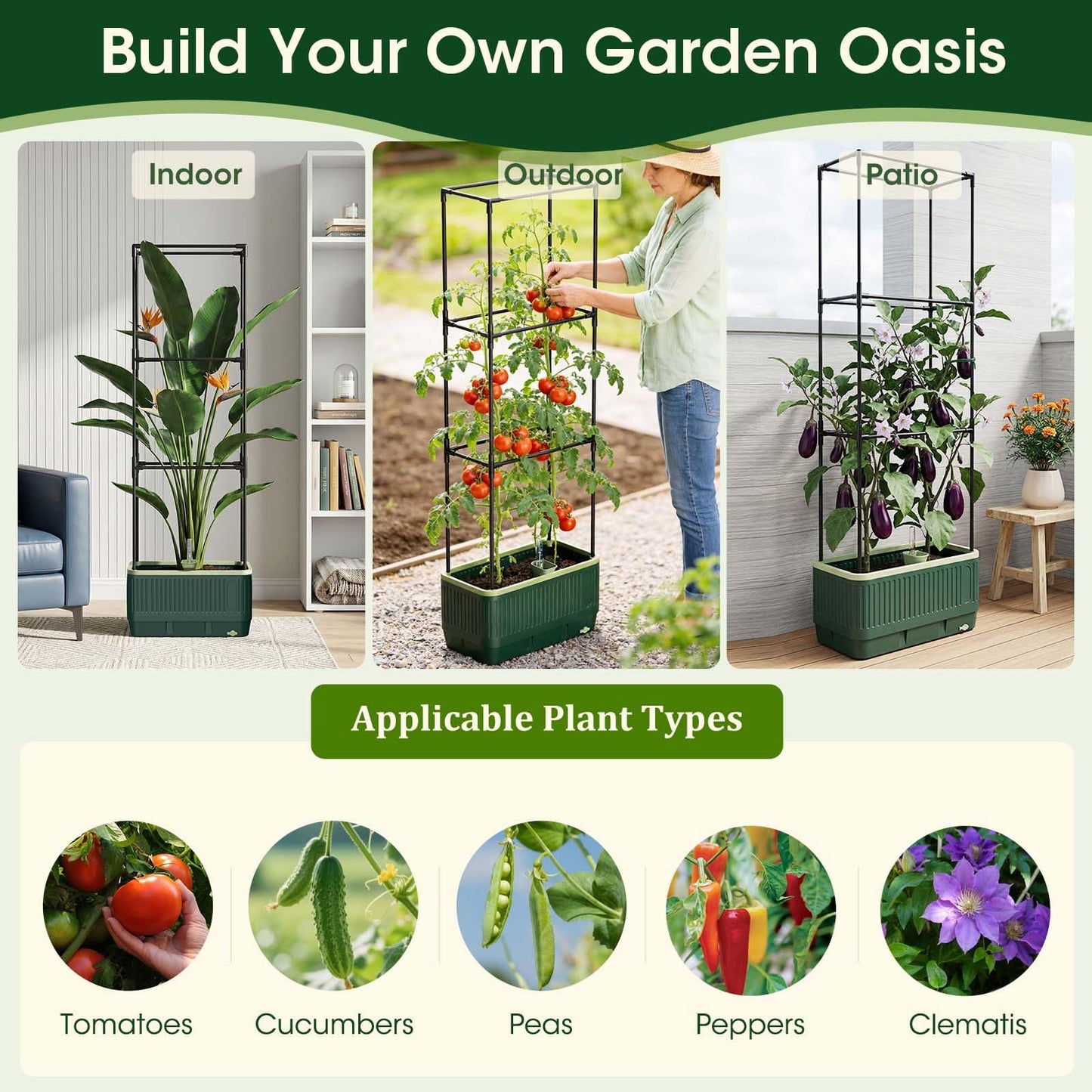 MQHUAYU 2 Pack 51" Self Watering Planter Box with Trellis, Tomato Planter Trellis for Raised Garden Bed, Cage with Visual Water Indicator, Indoor Outdoor Tomato Cages for Garden Patio
