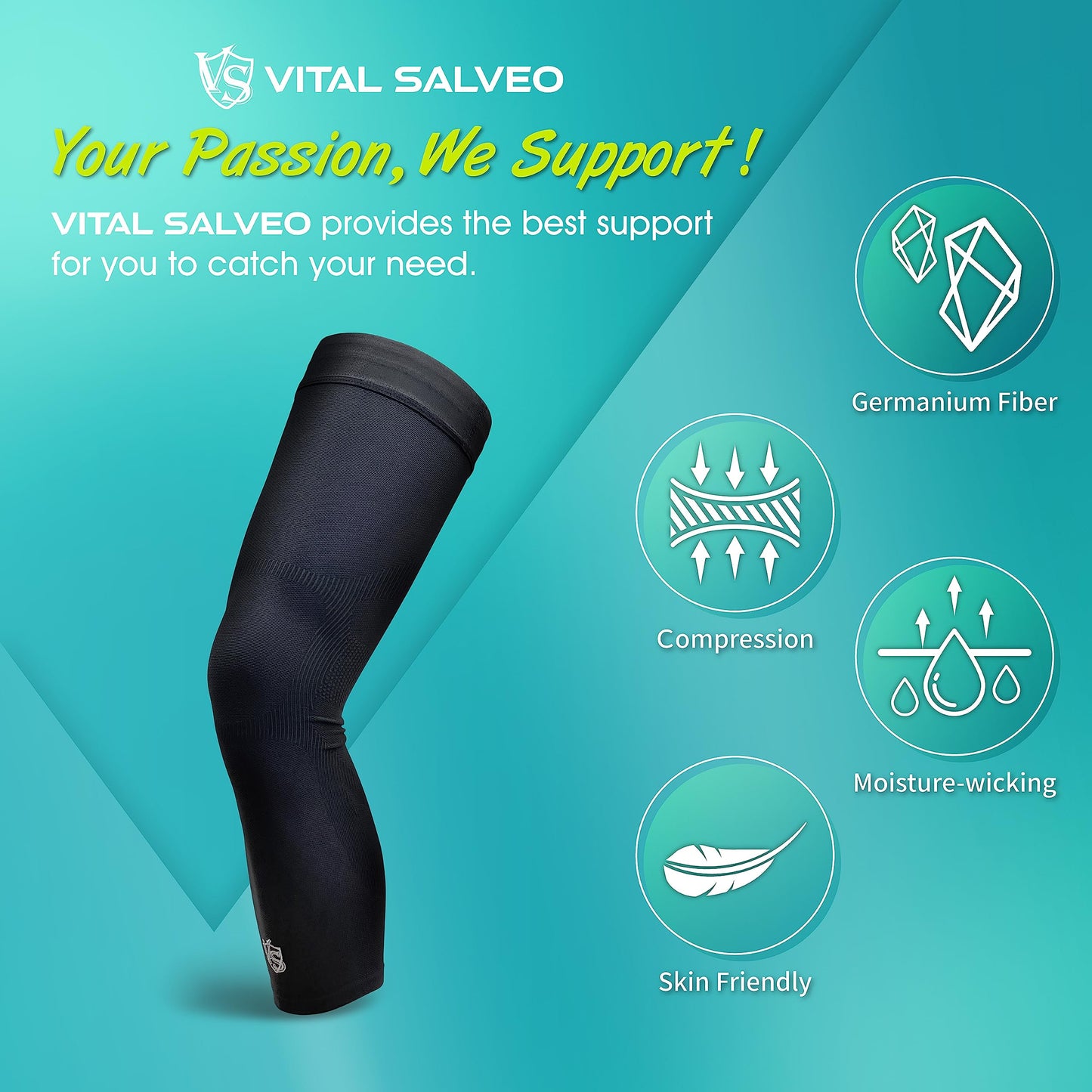 Vital Salveo - Germanium Recovery Compression Outdoor Full Length Leg Knee Sleeves Single Leg Pant. Tights Fit for Men and Women .Elastic & Breathable Non-Slip Inner Bands Suit for Running Basketball Football Cycling- Embroidered Logo(1 PC)-Large