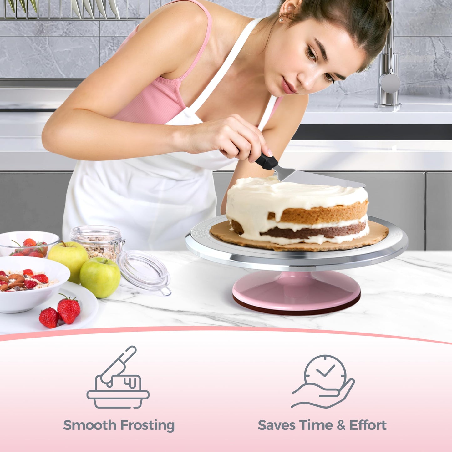 Ohuhu 12 Inch Cake Turntable - 360° Rotating Aluminum Cake Stand Decorating Kit with 2 Icing Spatulas & 3 Smoother Tools, Professional Baking Supplies for Home, Parties, Picnics, Gift for Mother