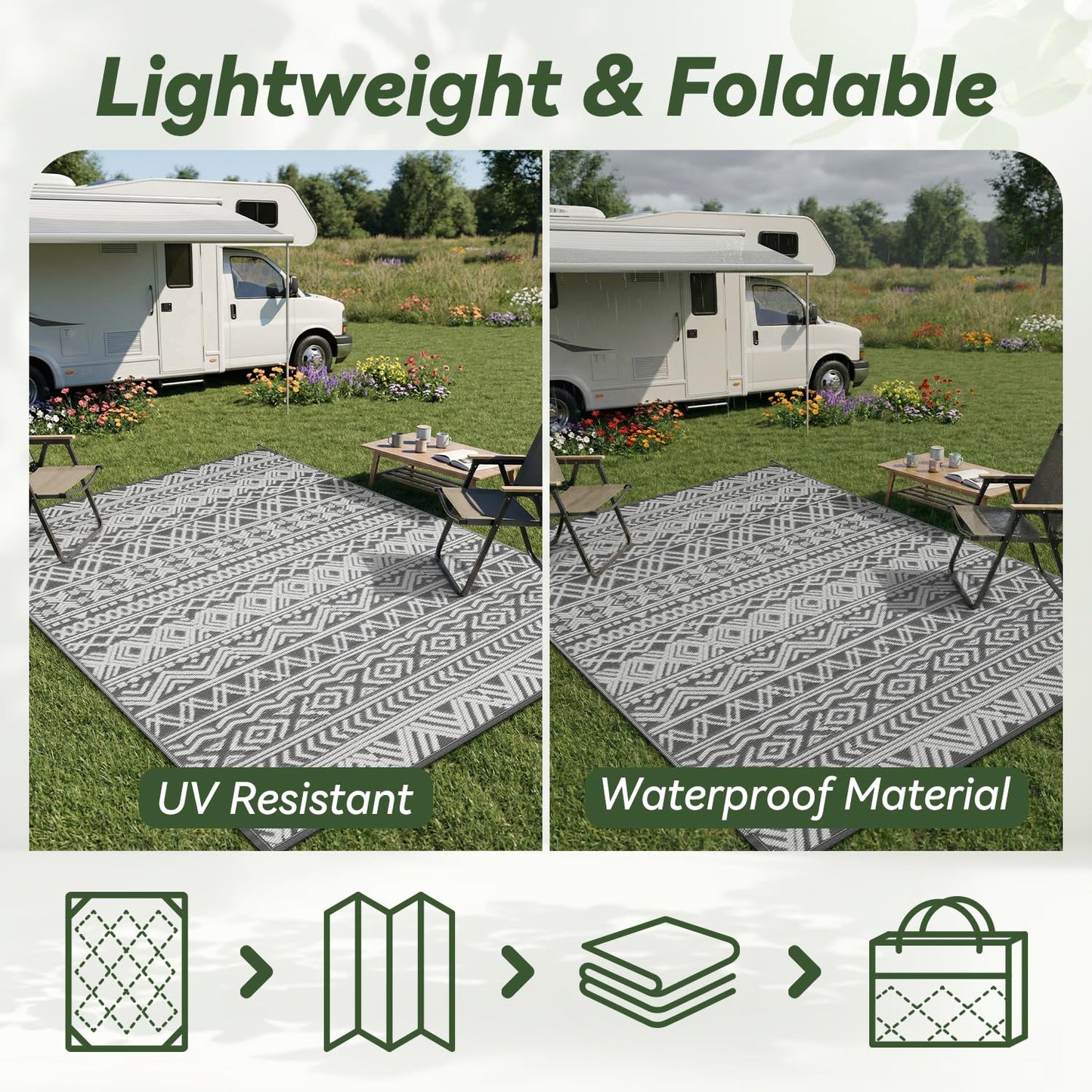 Outdoor Rug 5x8 ft Waterproof Outdoor Carpet-Patio RV Deck Camping Rug Portable Boho Rugs for Outdoor Area Rug Picnic Backyard Porch Beach Mat Grey