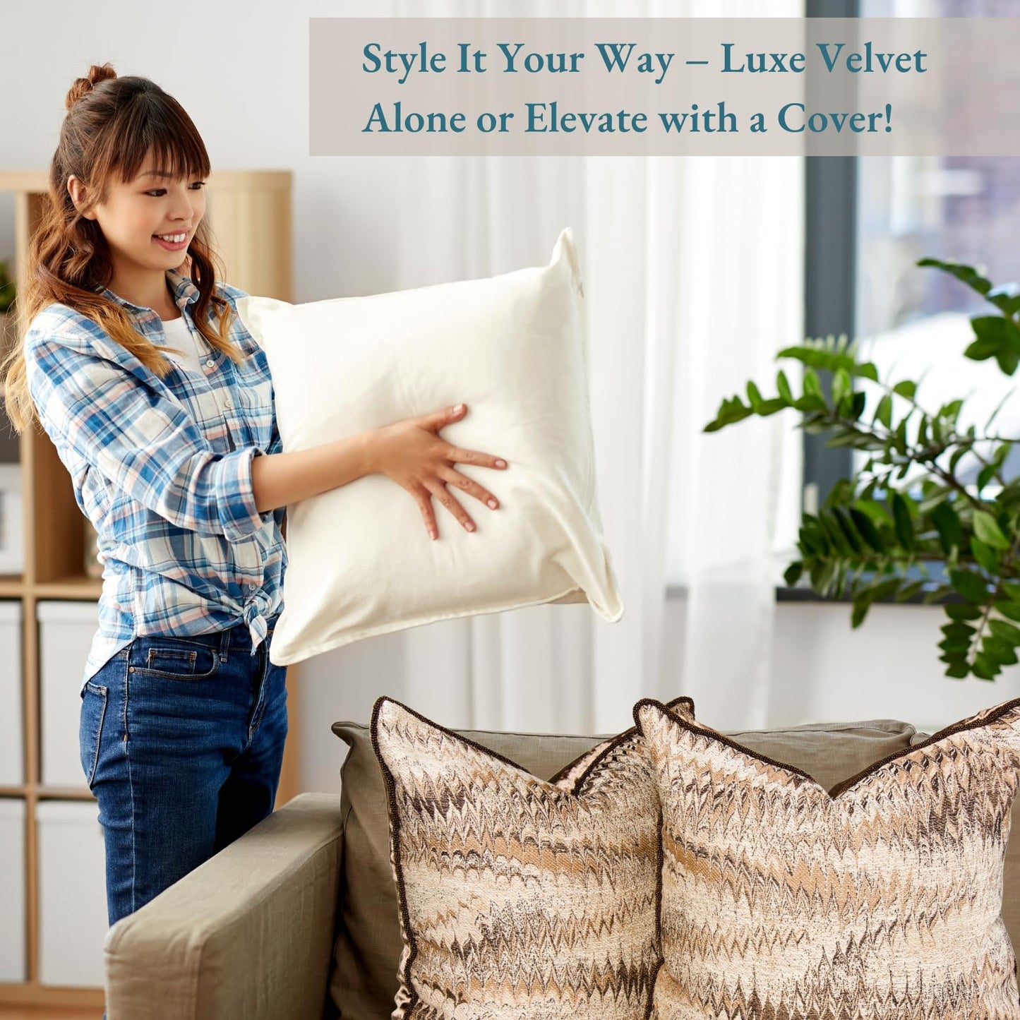 Throw Pillow Inserts Pack of 4 White - 18 x 18 Inches Velvet Pillows for Sofa, Couch and Bed - Indoor Decorative Pillows