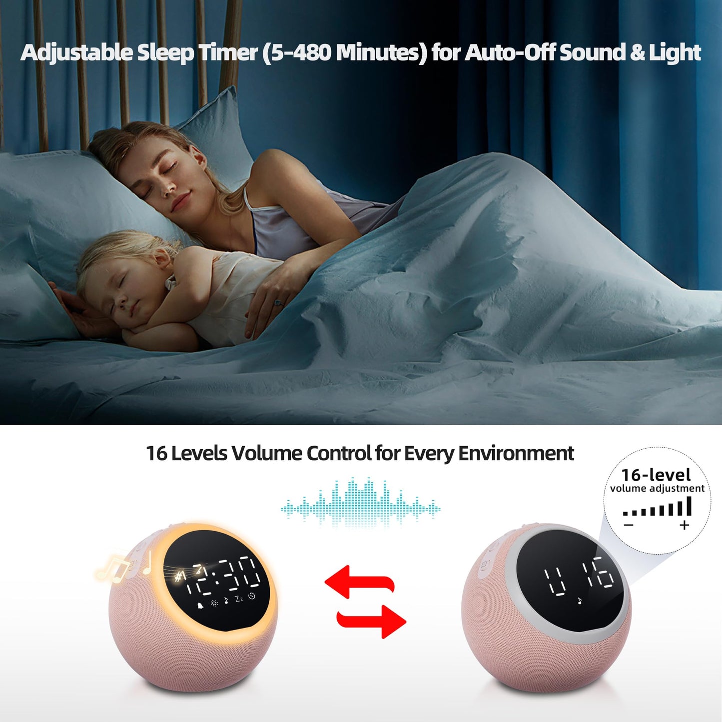 Mee 2ou Smart Alarm Clock for Bedrooms, Digital Alarm Clock with White Noise Machine, 25 Sounds, Snooze, Sleep Timer, Adjustable Volume for Kids, Adults, Heavy Sleepers, Pink