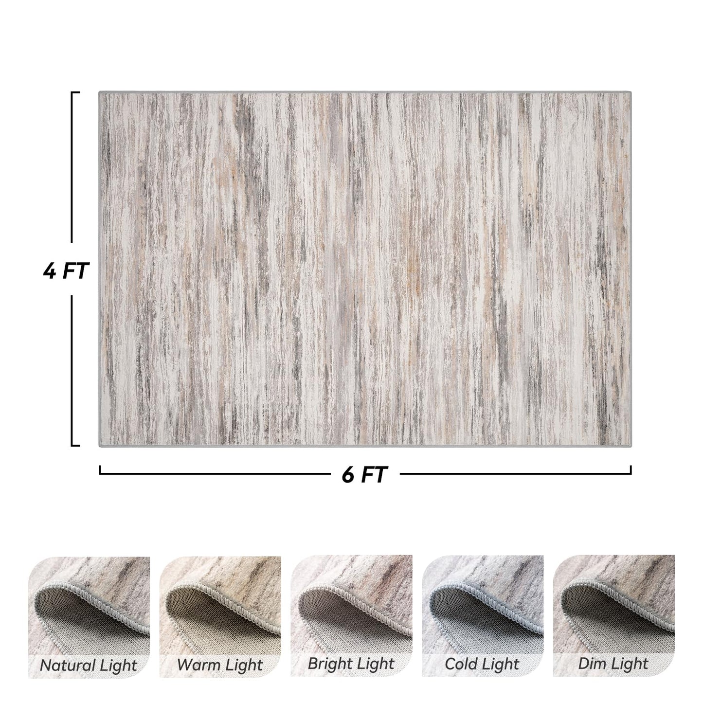 Abstract Area Rug 4x6 Bedroom Rugs for Living Room - Carpet Low Pile Washable Rugs for Bedroom Dining Office Room Mat Waves Pattern Grey & Beige