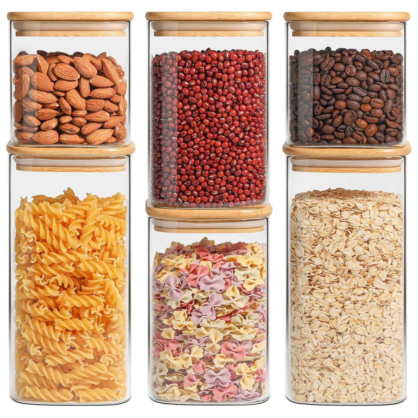 ComSaf Airtight Glass Storage Canister with Bamboo Lid (650ML/1.1L/1.5L) Set of 6, Clear Food Storage Container Kitchen Pantry Storage Jar for Flour Cereal Sugar Tea Coffee Beans Snacks, Square