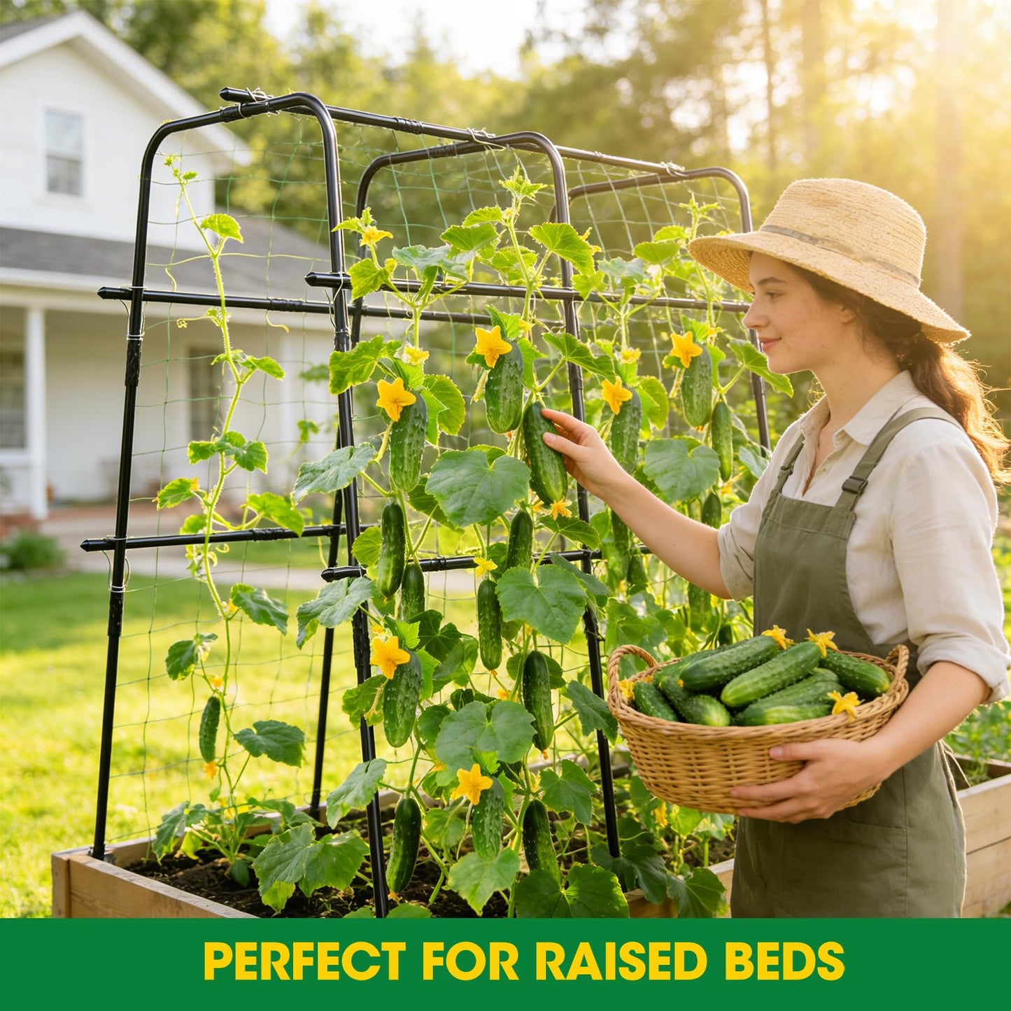 Cucumber Trellis for Garden, 48''×48''×15.7'' U-Frame Garden Trellis for Climbing Plants, Vegetable, Flower, Fruits, Vine; Arch Plant Support with Nylon Netting for Garden Outdoor