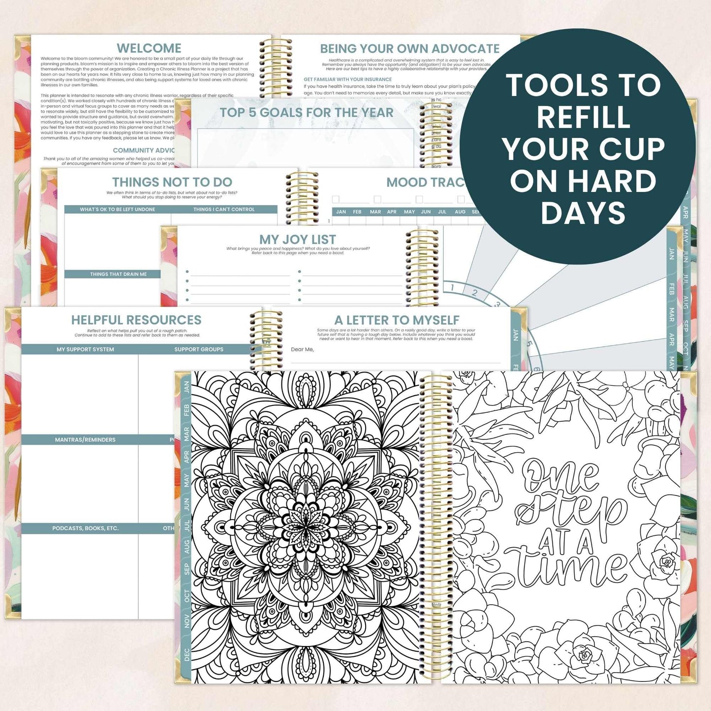 bloom daily planners Undated Chronic Illness Planner & Medical Journal - 12 Month Pain & Symptom Tracker, Mood & Medication Log, Appointment Organizer (7” x 9”) - Brushstroke Blooms