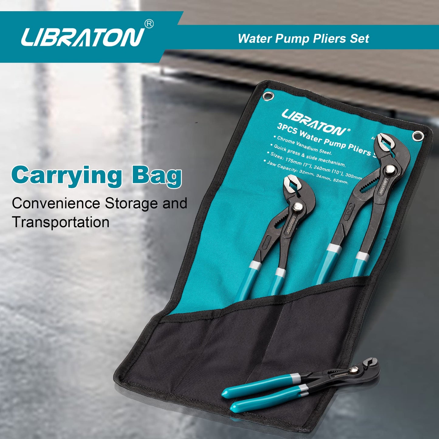 Libraton Water Pump Pliers, Groove Joint Pliers Set, V-Jaw Tongue and Groove Pliers in CR-V Steel, 3PCS Plumbing Pliers, Ratcheting Push Button Adjustment Mechanism