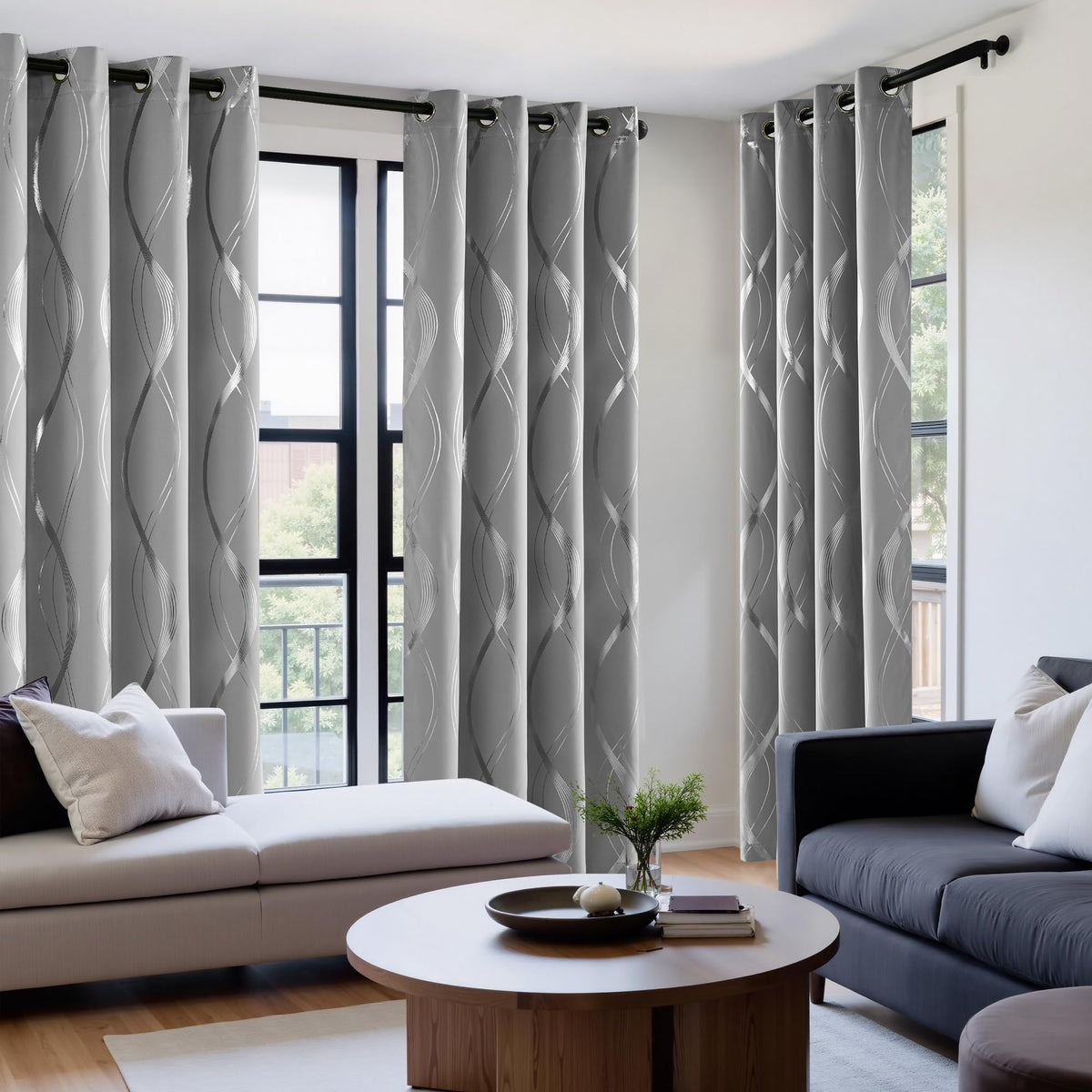 NICETOWN 100% Blackout Silver Grey Curtains Panels for Bedroom, Noise Reducing Thermal Insulated Wave Line Foil Print Design Window Blinds for Patio Sliding Glass Door (2 Panels,52" x 84")