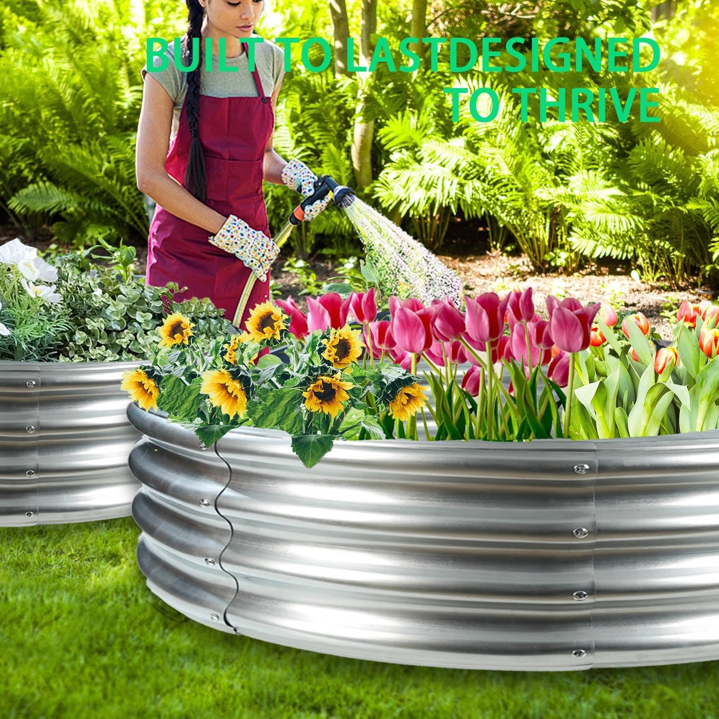 zbzbml Durable Round Galvanized Steel Raised Garden Bed for Planting,Round Galvanized Steel Fire Ring/Fir Pit for Outdoor- 5×5×1FT,0.8MM Thick (Silver, 60 ins Diameter x 12 ins high)