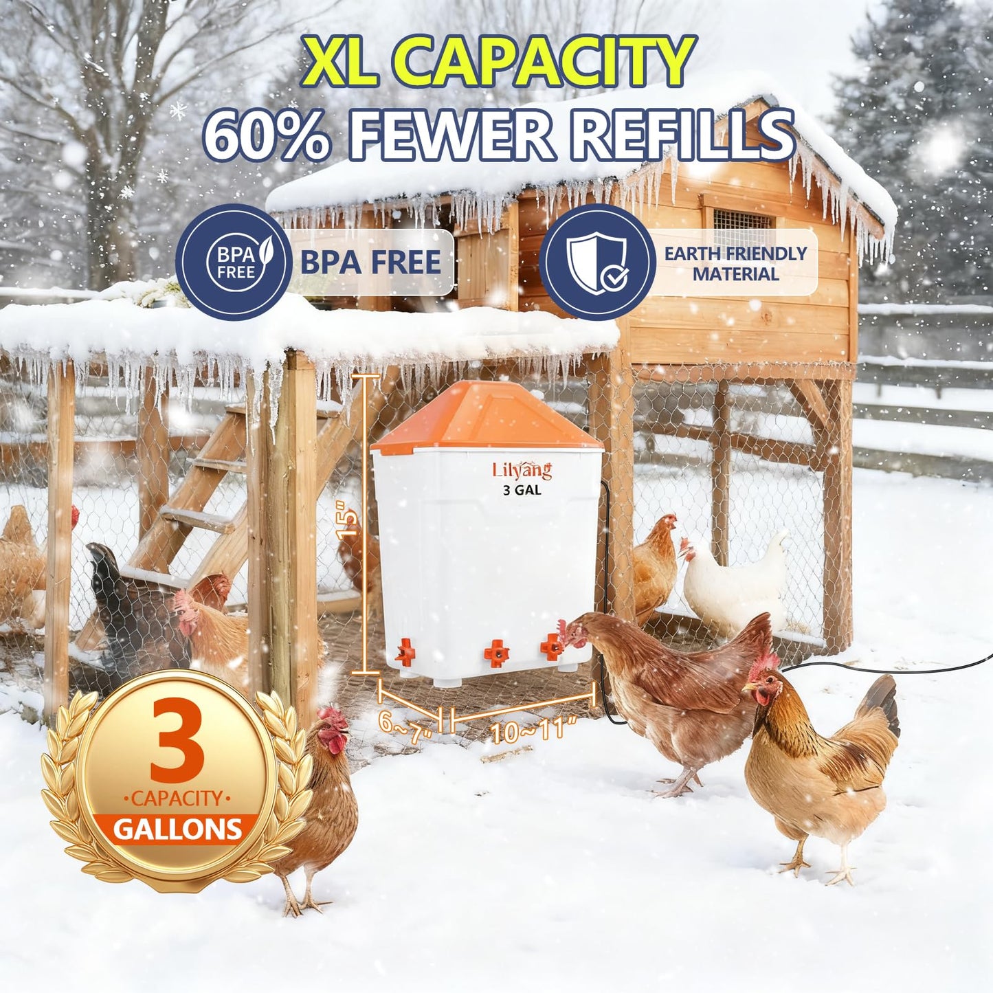 Lilyang Heated Chicken Waterer 3 Gallon, 250W Chicken Water Heater with Thermostat Control, Freeze-Proof Poultry Drinker for Winter, Hanging/Standing Use