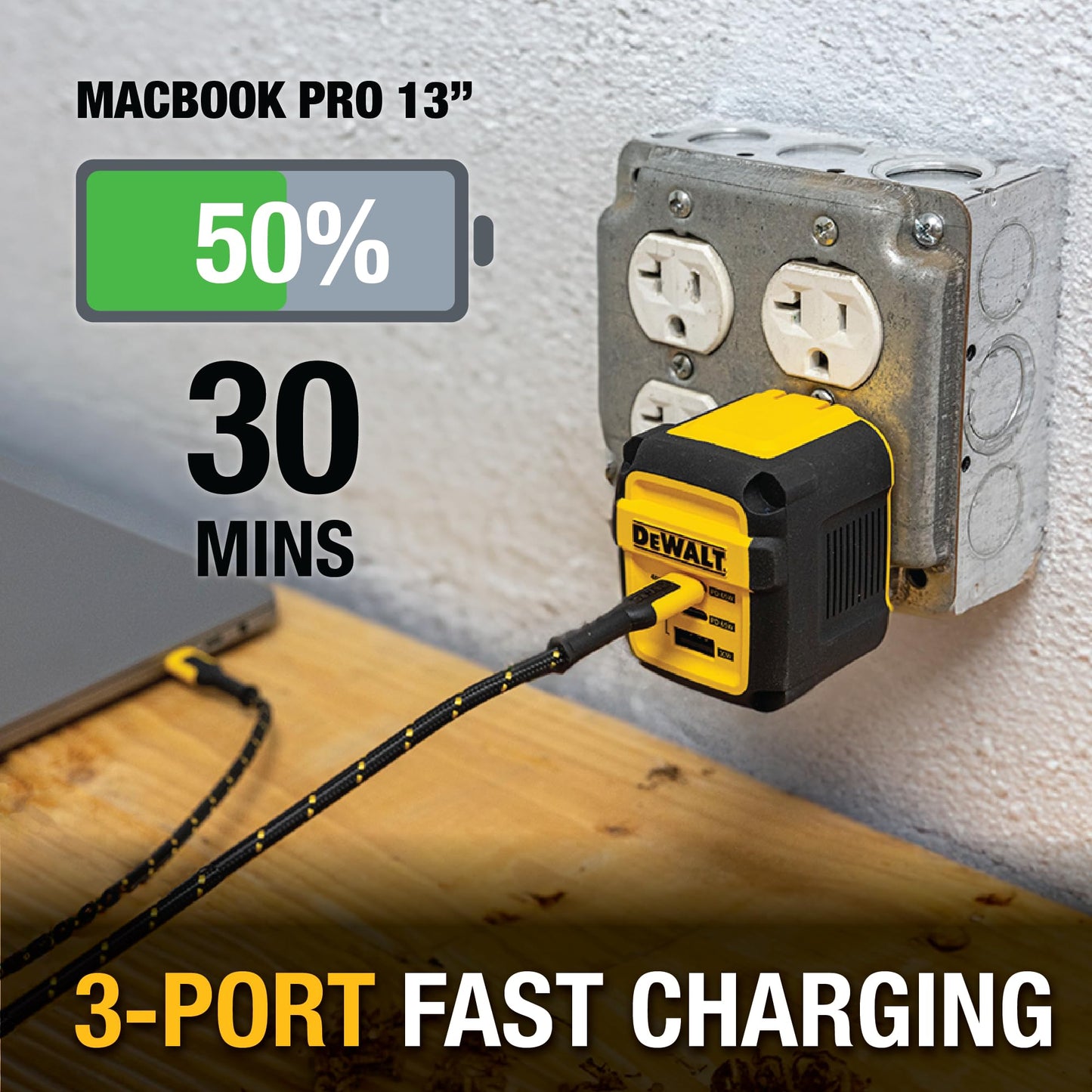 DEWALT Heavy Duty 3 Port Dual USB C Charger Block, USB C Power Adapter GaN Charger (65W), PPS 3-Port Fast Compact Foldable for MacBook Pro/Air iPad Pro Galaxy S23 Dell XPS 13 iPhone 17/16/15