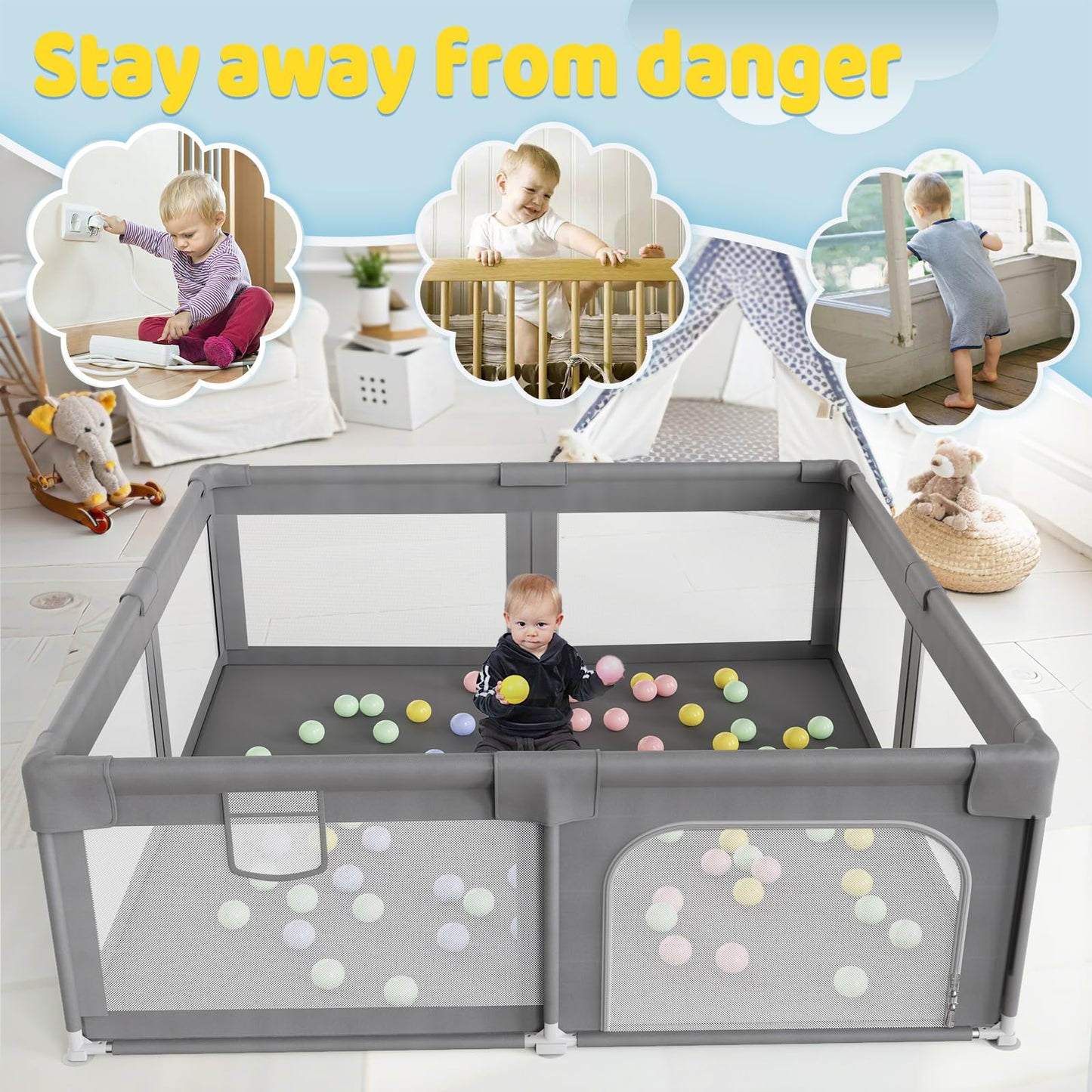 Palopalo Baby Playpen, 50''x50'' Small Playard for Babies and Toddlers, Baby Activity Center with 8 Suction Cup Bases, Infants Play Pen with Gate and Soft Breathable Mesh, Ideal for First-time Mom