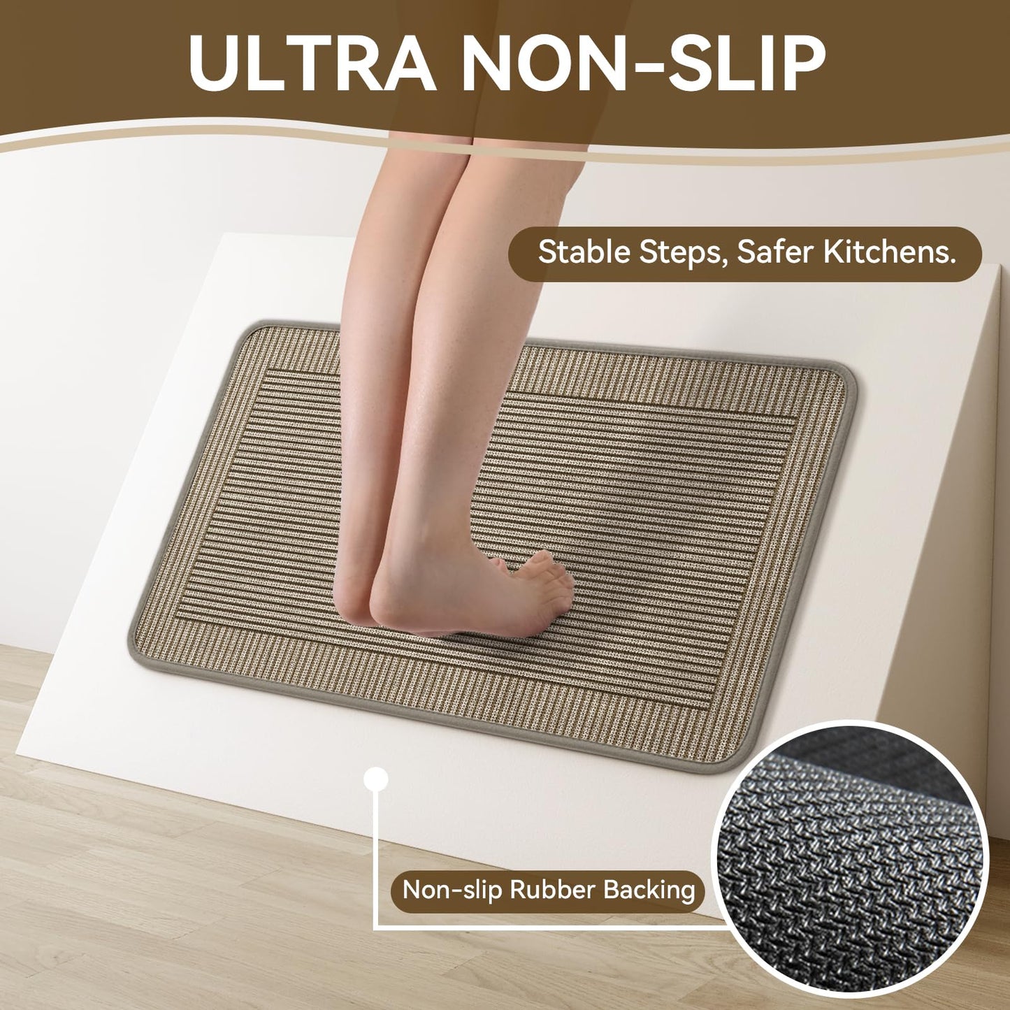 Kitchen Mats for Floor, 17''x30''+17''x59''Kitchen Rugs Set of 2, Washable Non Slip Absorbent Kitchen Mat, Braided Kitchen Runner Rug, Kitchen Sink Rug, Brown