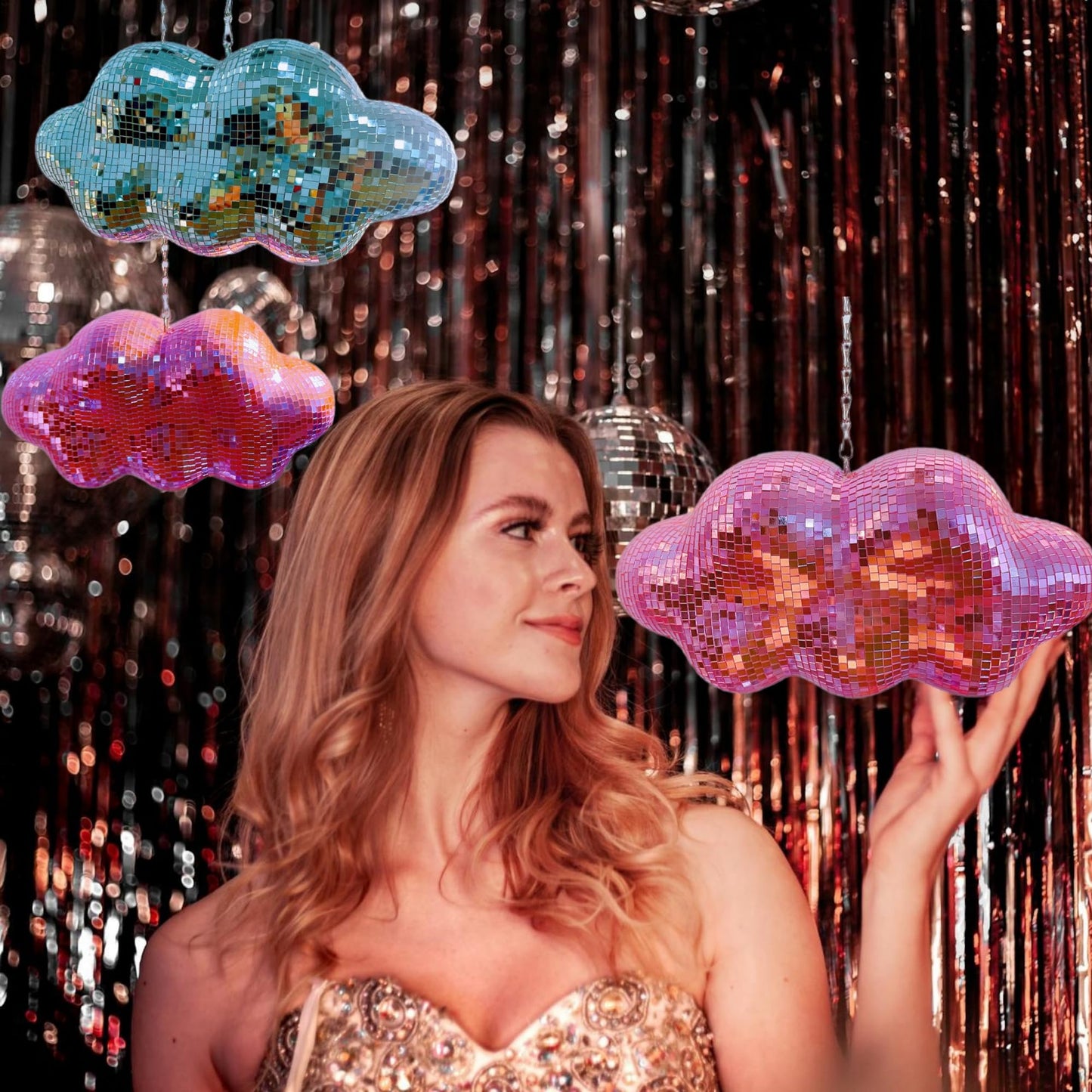 MFGDISCO Pink Disco Ball Cloud Shaped, Hanging Disco Decor for Party,Room,Home, Retro Reflective Mirror Ball with Chain, Disco Ornaments, Design Patent
