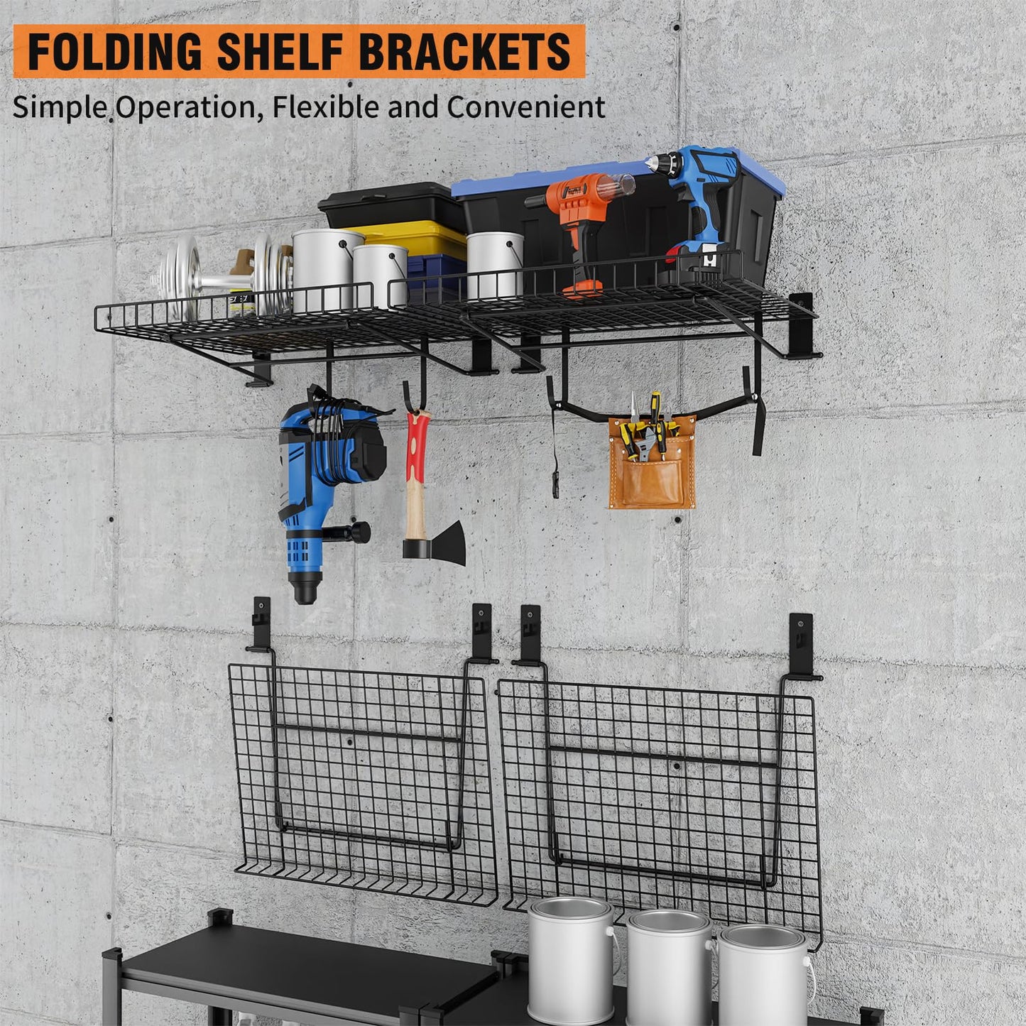 Foldable Wall Shelf, 4 Pack Wall Mounted Garage Storage Shelves, Heavy Duty Metal Floating Shelves with 8 Hooks, 180 LBS Capacity, for Office, Kitchen and Laundry Room