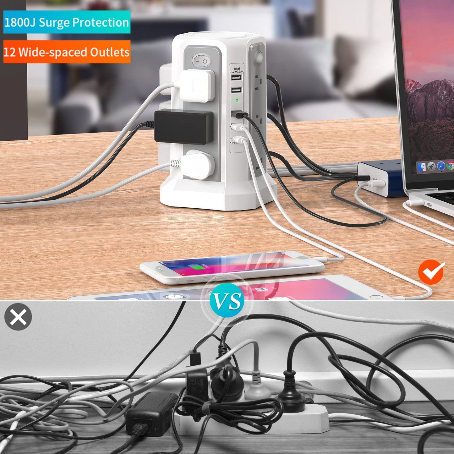 Surge Protector Tower Power Bar with USB C 18W Fast Charging Port, 10FT Extension Cord with 12 AC Outlets, and 5 USB Charging Ports(1 USB C), Power Bars Tower Surge Protection for Home Office DormRoom