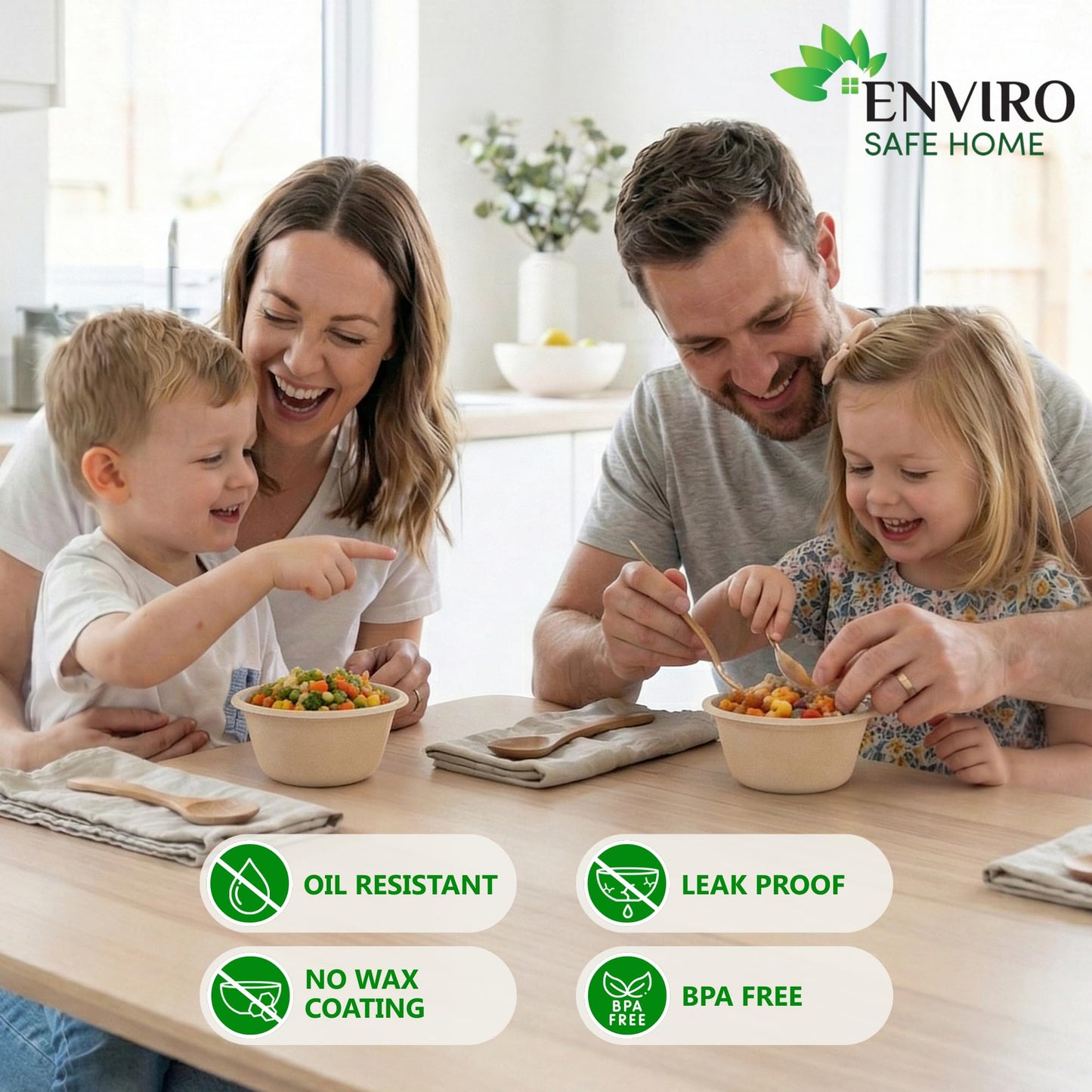 Enviro Safe Home 10 Oz Bamboo Disposable Bowls For Hot Soup, 100 Pack - Small, Heavy Duty, Microwavable, Oven Safe - Perfect for Hot Food, Meals, Acai & More - Eco-Friendly, Leak-Proof