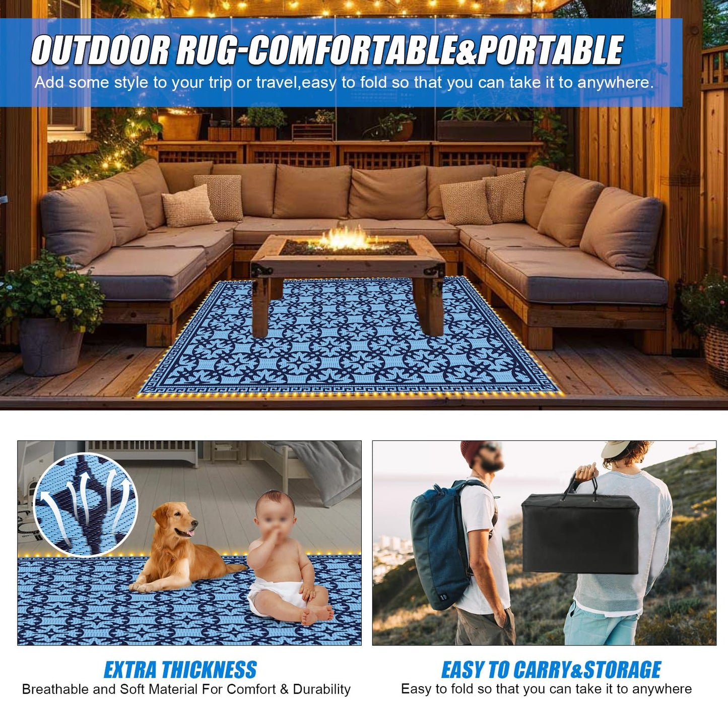 TIPHOPE 9X6 FT RV Outdoor Rugs with Led Light Strips,Foldable Camping Mat with Carry Bag Waterproof Reversible Mat RV Patio Mat Lightweight Large Floor Rug for RV Camping Picnic Patio-2 Year Warranty