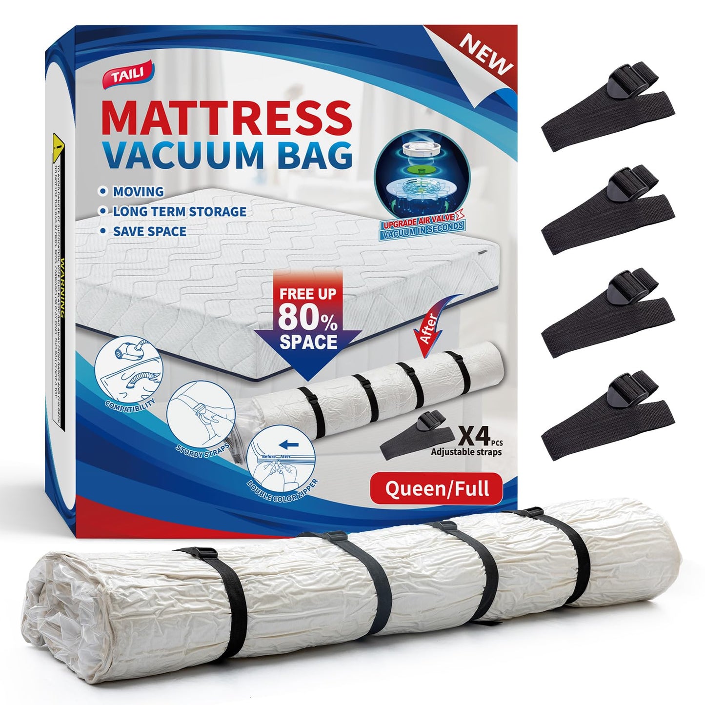 TAILI Mattress Vacuum Storage Bag, Full/Queen Mattress Vacuum Bag with 4 Straps, Sealable Bag for Memory Foam, Latex, Easy Moving, Transport and Storage